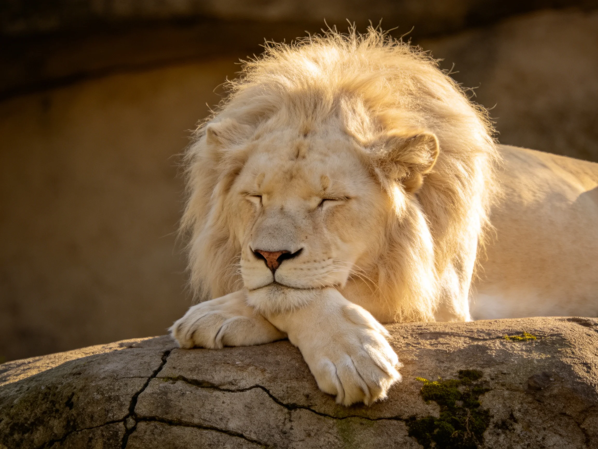 A white lion rests calmly on a stone ledge illuminated by warm sunlight.