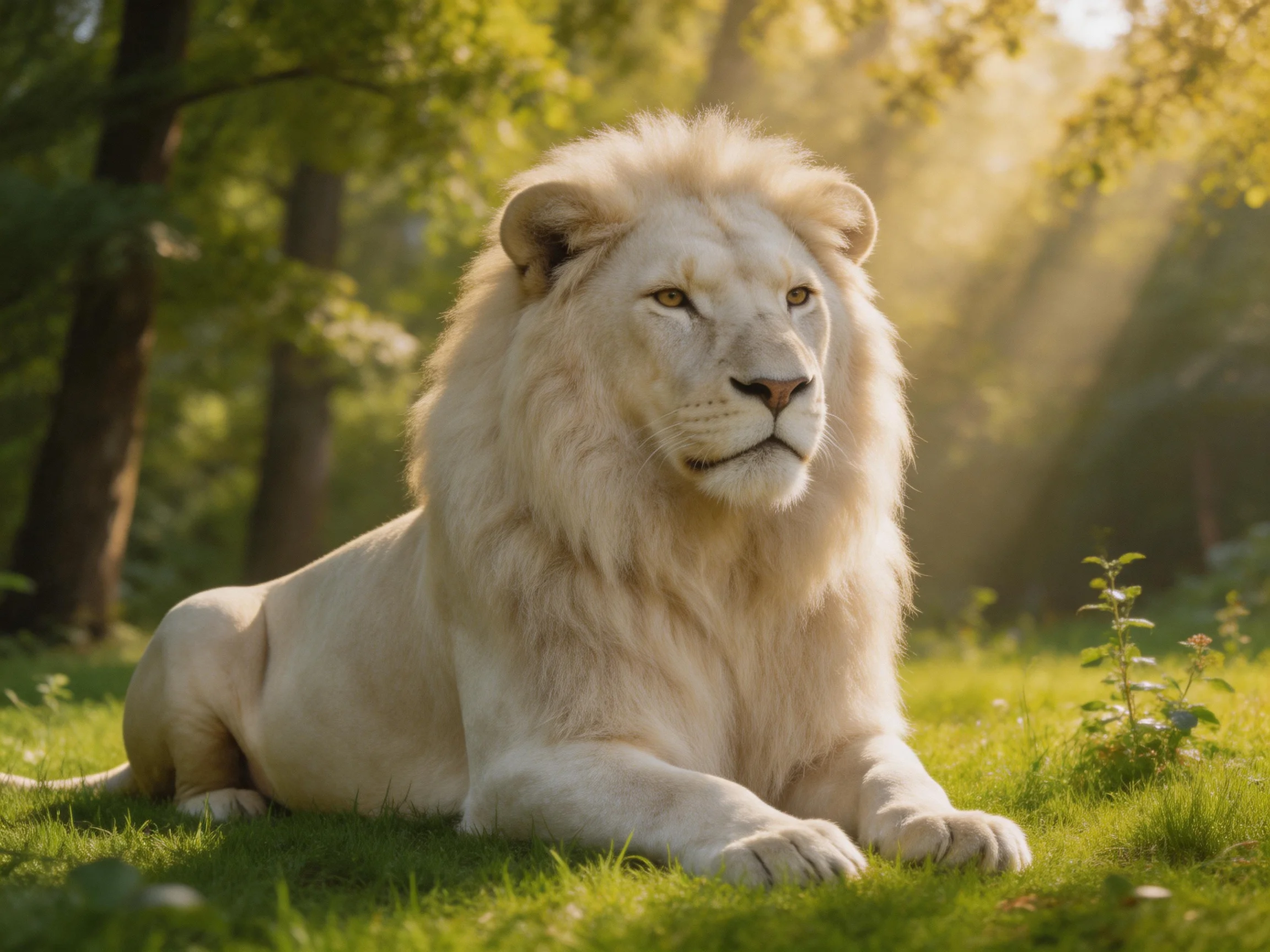 A white lion rests peacefully in a sunlit forest clearing.