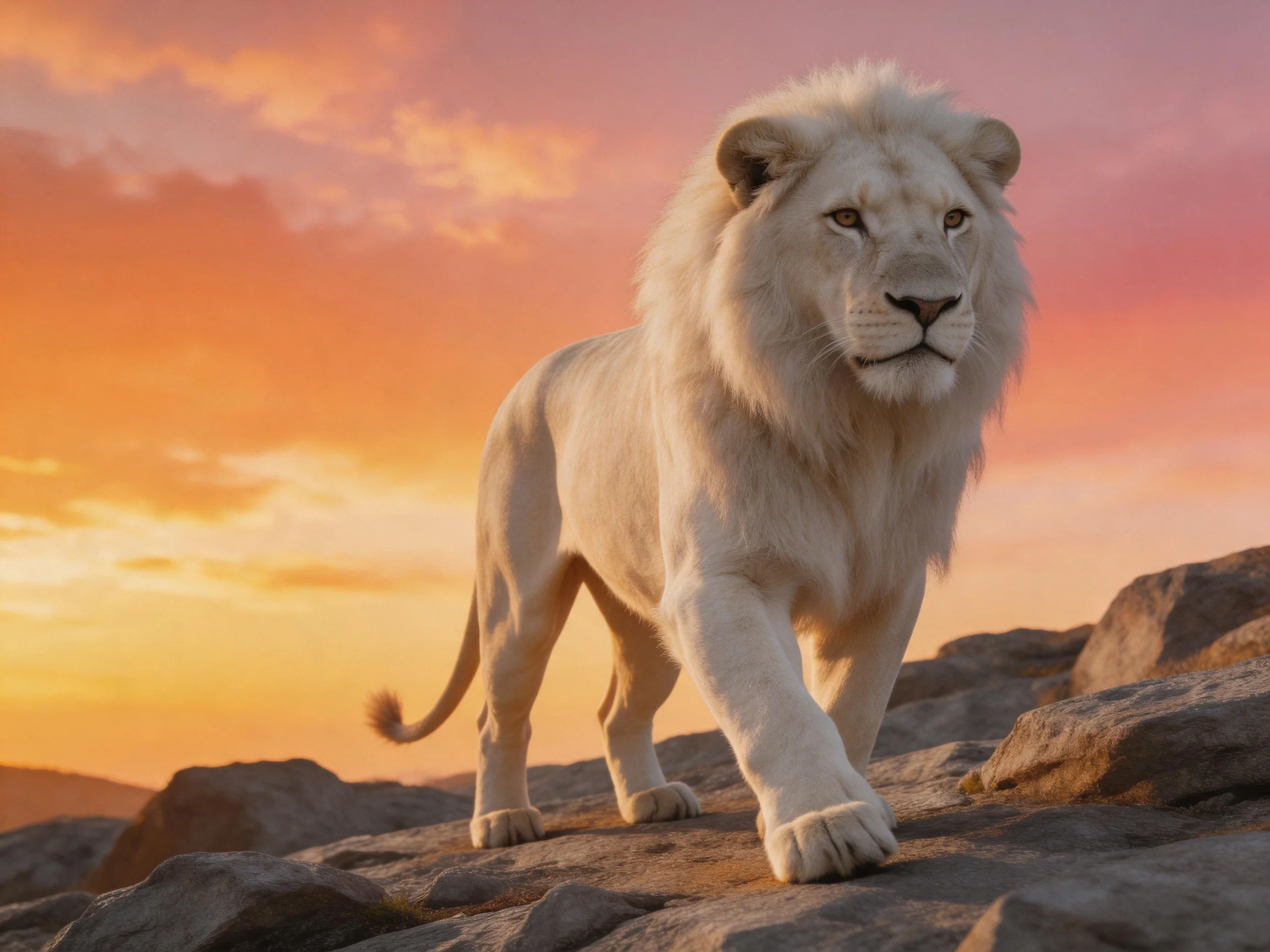 A white lion walks across rocky terrain beneath a colorful sunset sky.
