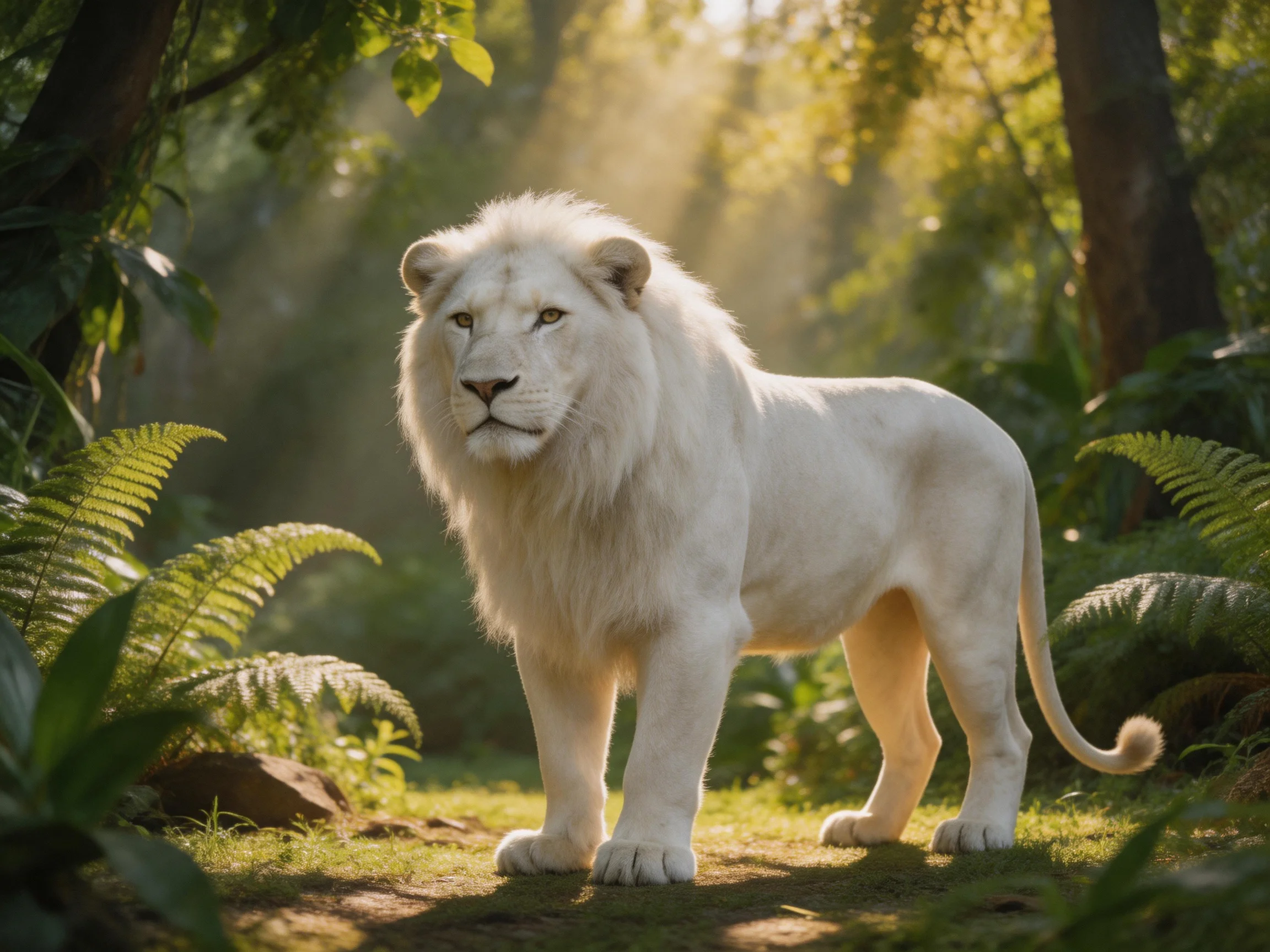 A white lion stands peacefully in a sun-dappled, lush forest setting.