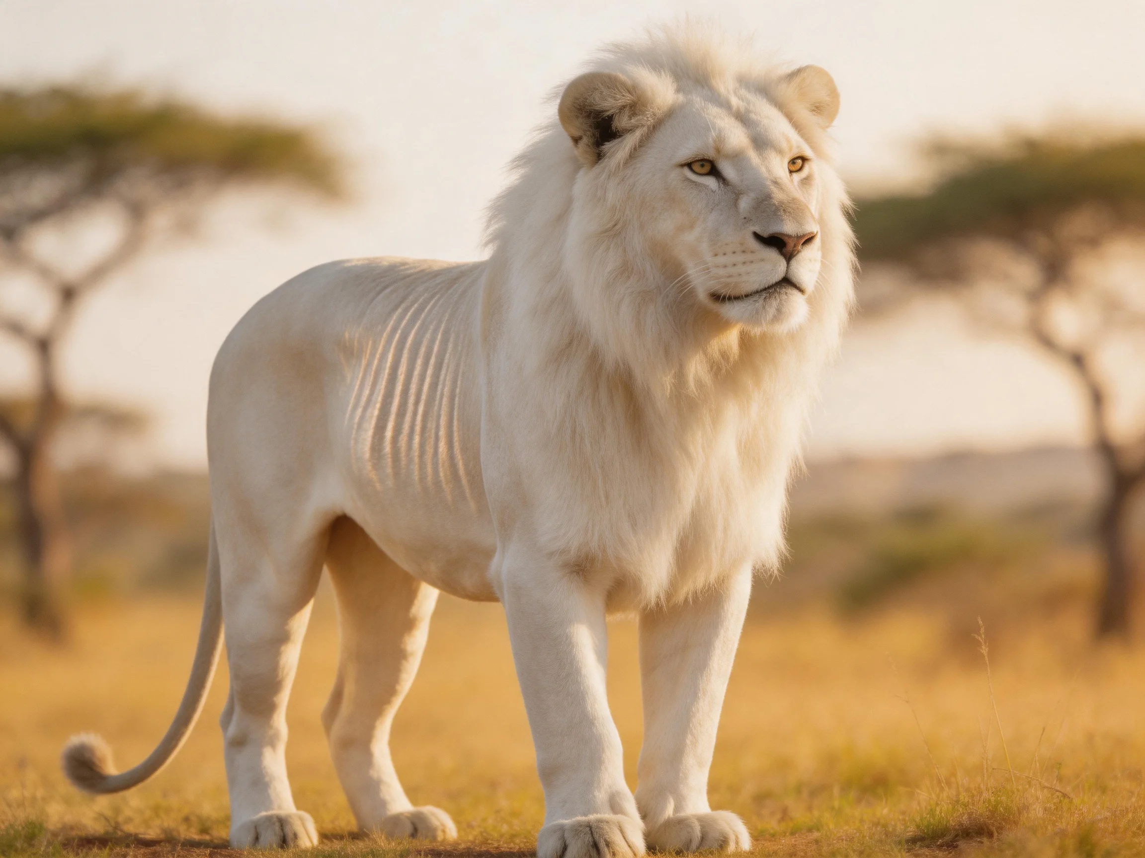 A white lion stands alertly in the savannah environment.