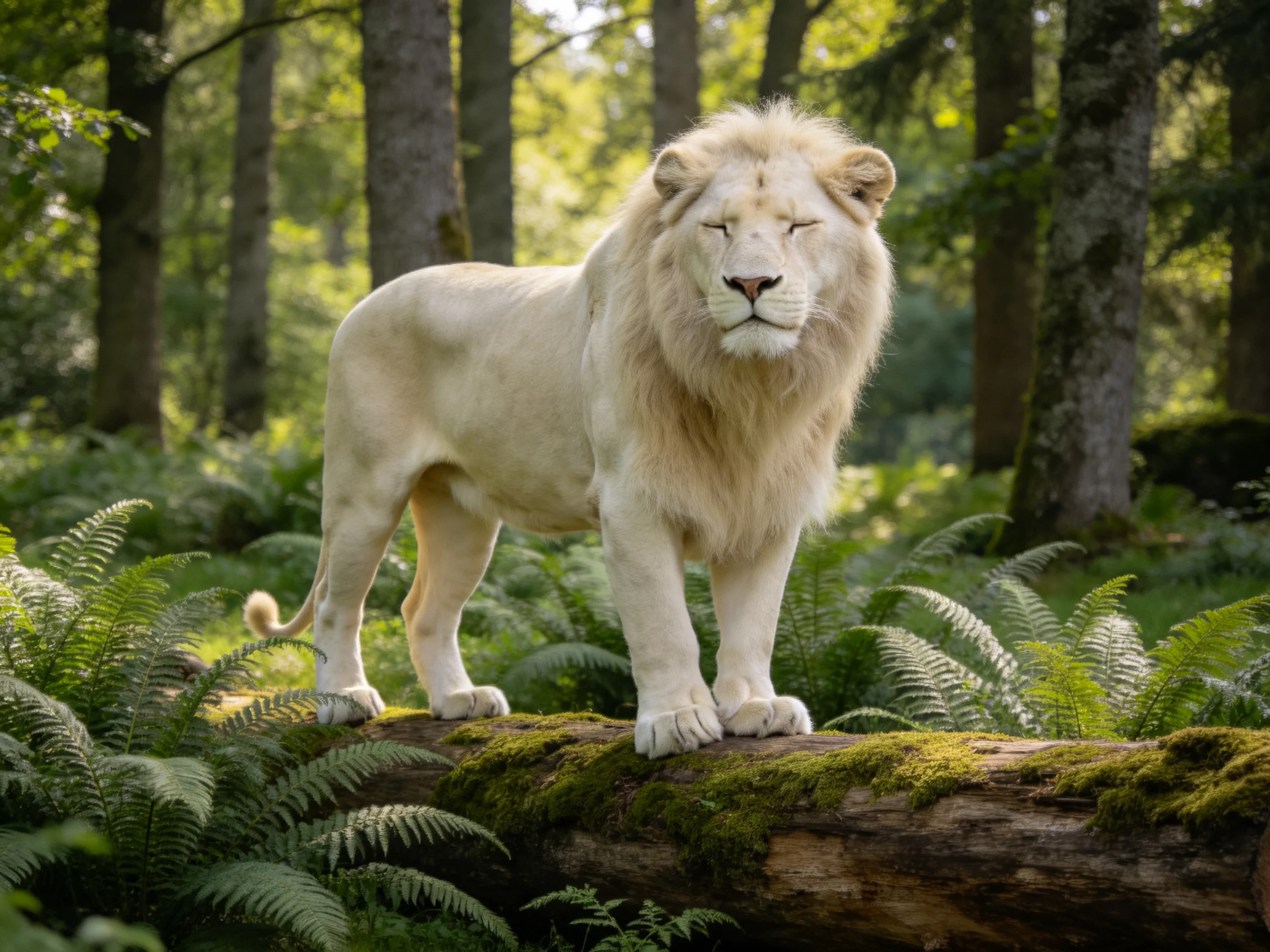 A majestic white lion stands on a moss-covered log in a sunlit forest