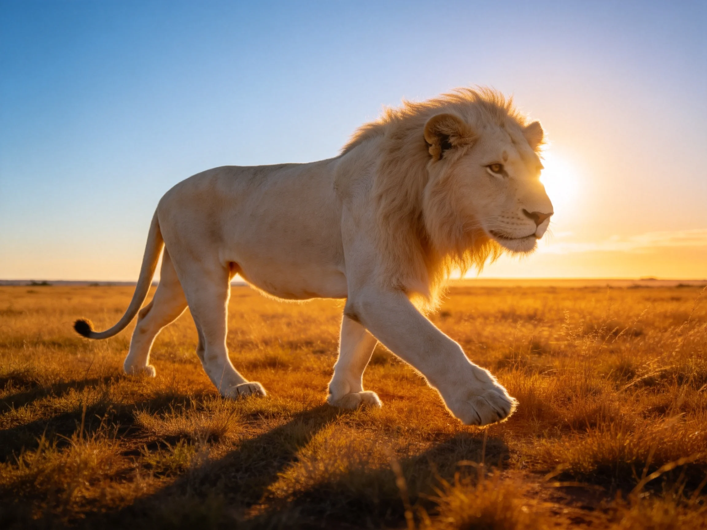 A majestic white lion strides through golden savannah at sunset