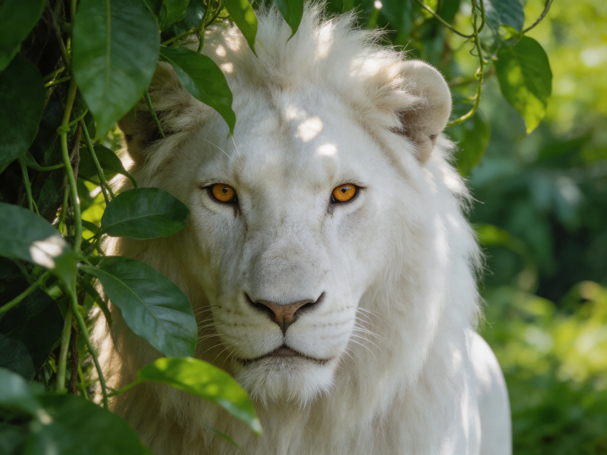A white lion with golden eyes stands among dense green leaves