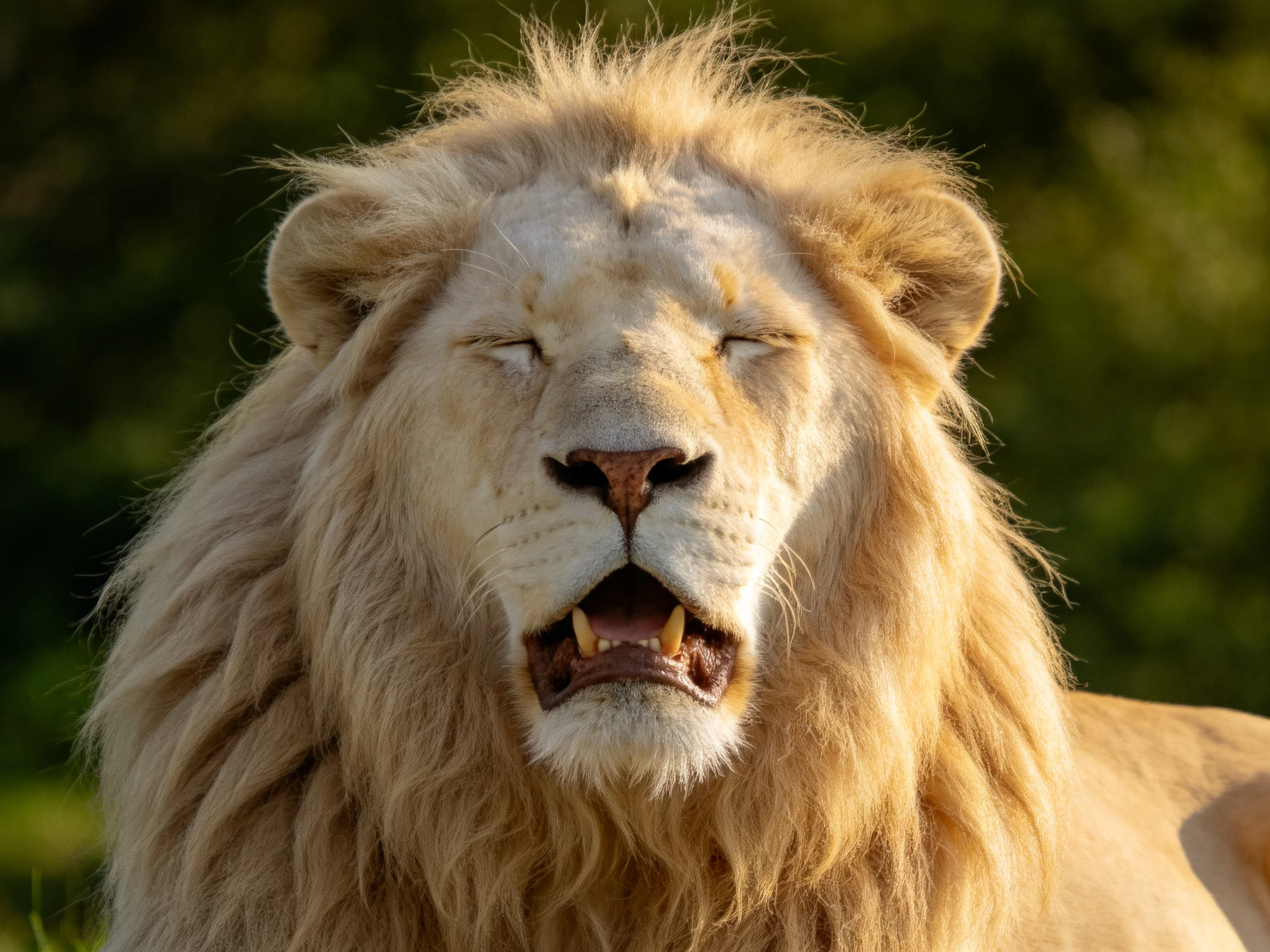 A close-up of a white-maned lion resting with closed eyes in a sunlit area.
