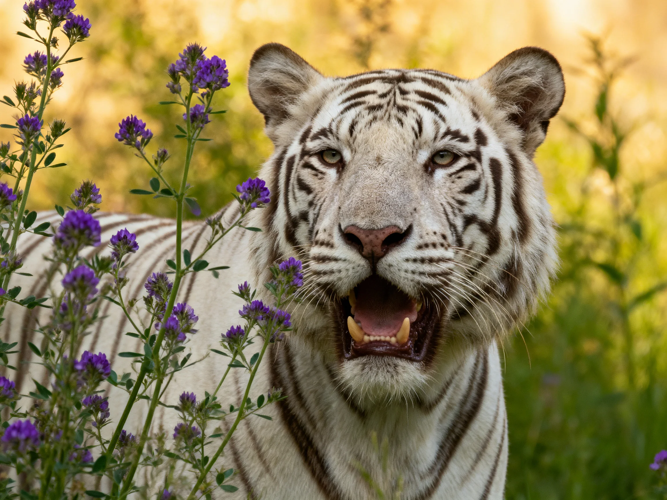 A white tiger is surrounded by purple flowers in a sunlit natural setting.