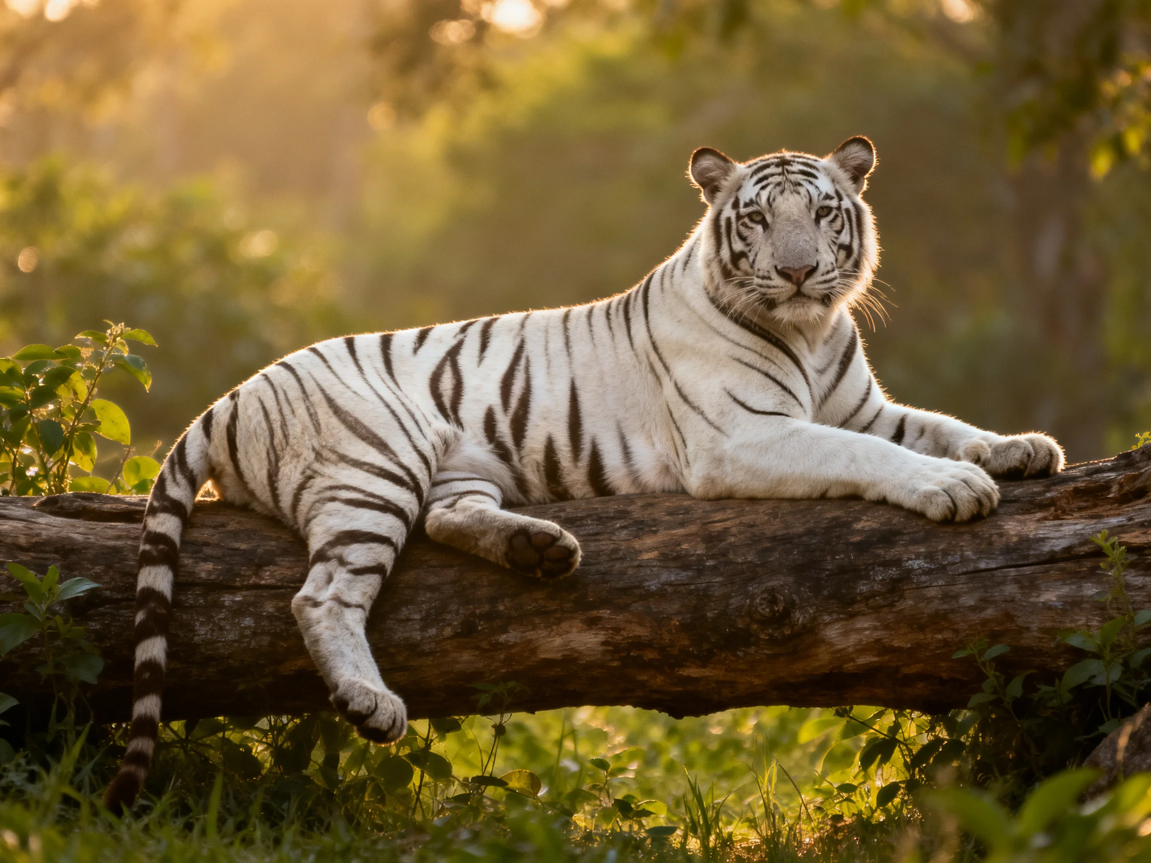 A white tiger lounges gracefully on a large tree trunk amid lush greenery.