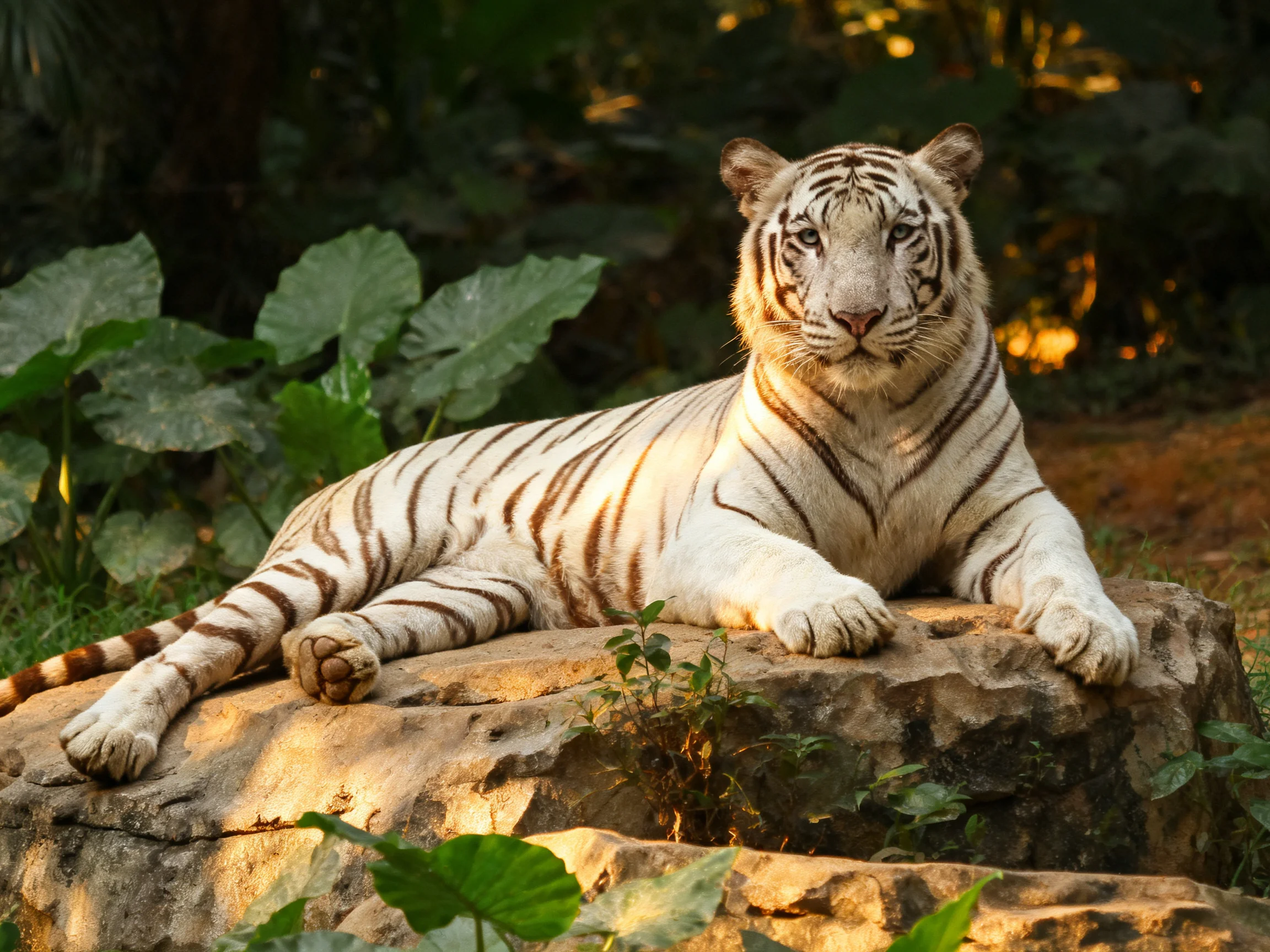 A majestic white tiger rests on a large brown rock amid lush green foliage