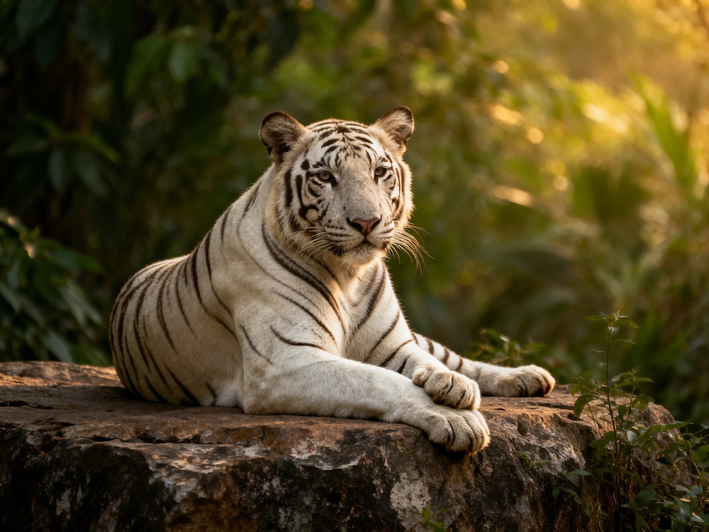A majestic white tiger rests on a large rock amid lush greenery