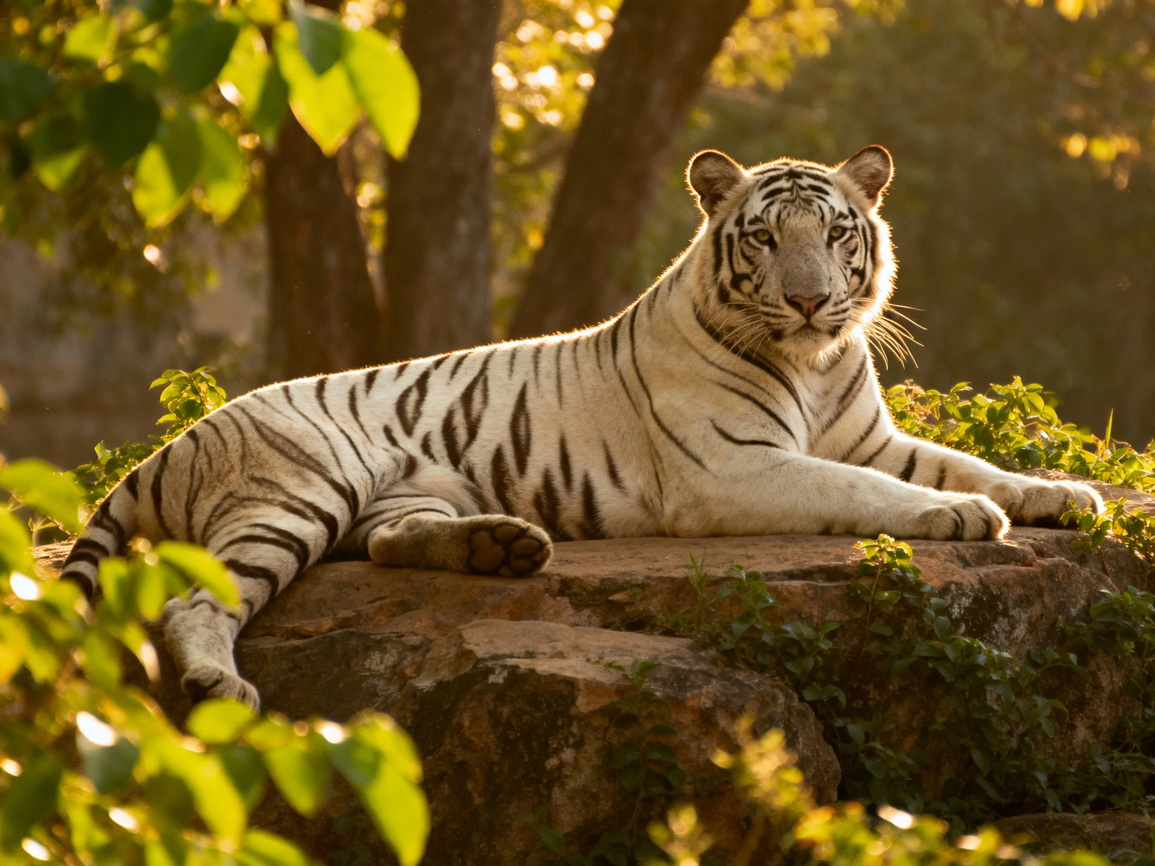A white tiger relaxes on a rock surrounded by greenery in a sunlit natural setting.