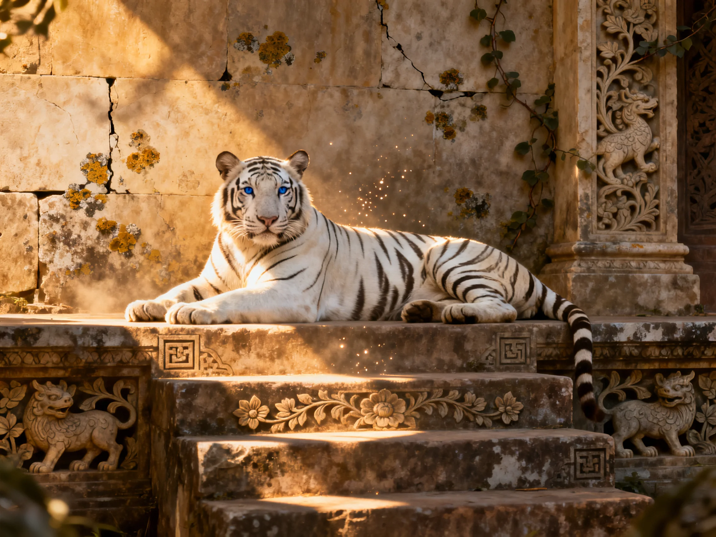 A white tiger relaxes on intricately carved stone steps beside an aged wall.