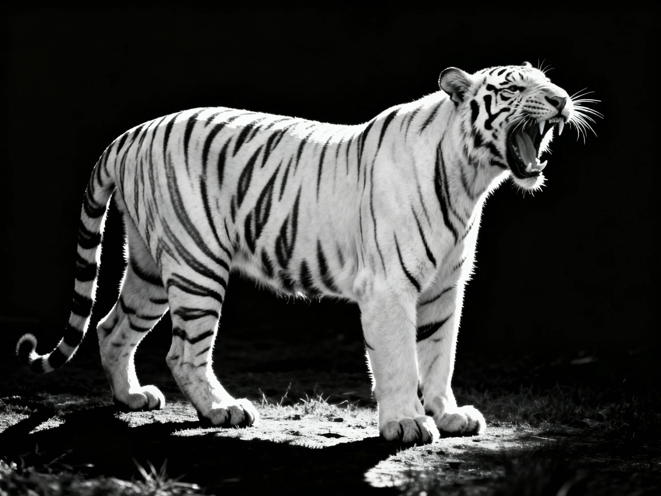 A majestic white tiger roars against a stark black backdrop