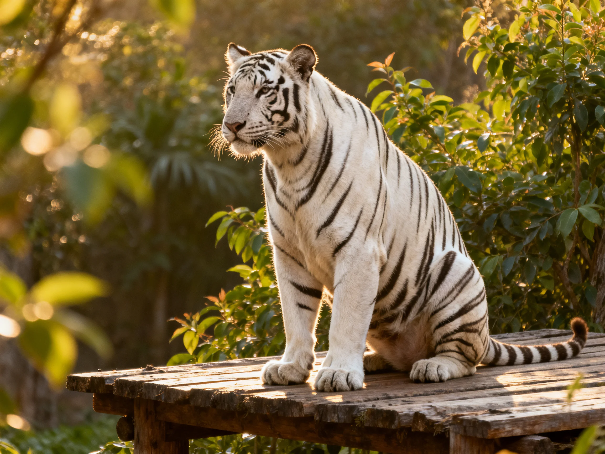 A white tiger sits calmly on a wooden structure surrounded by green foliage.