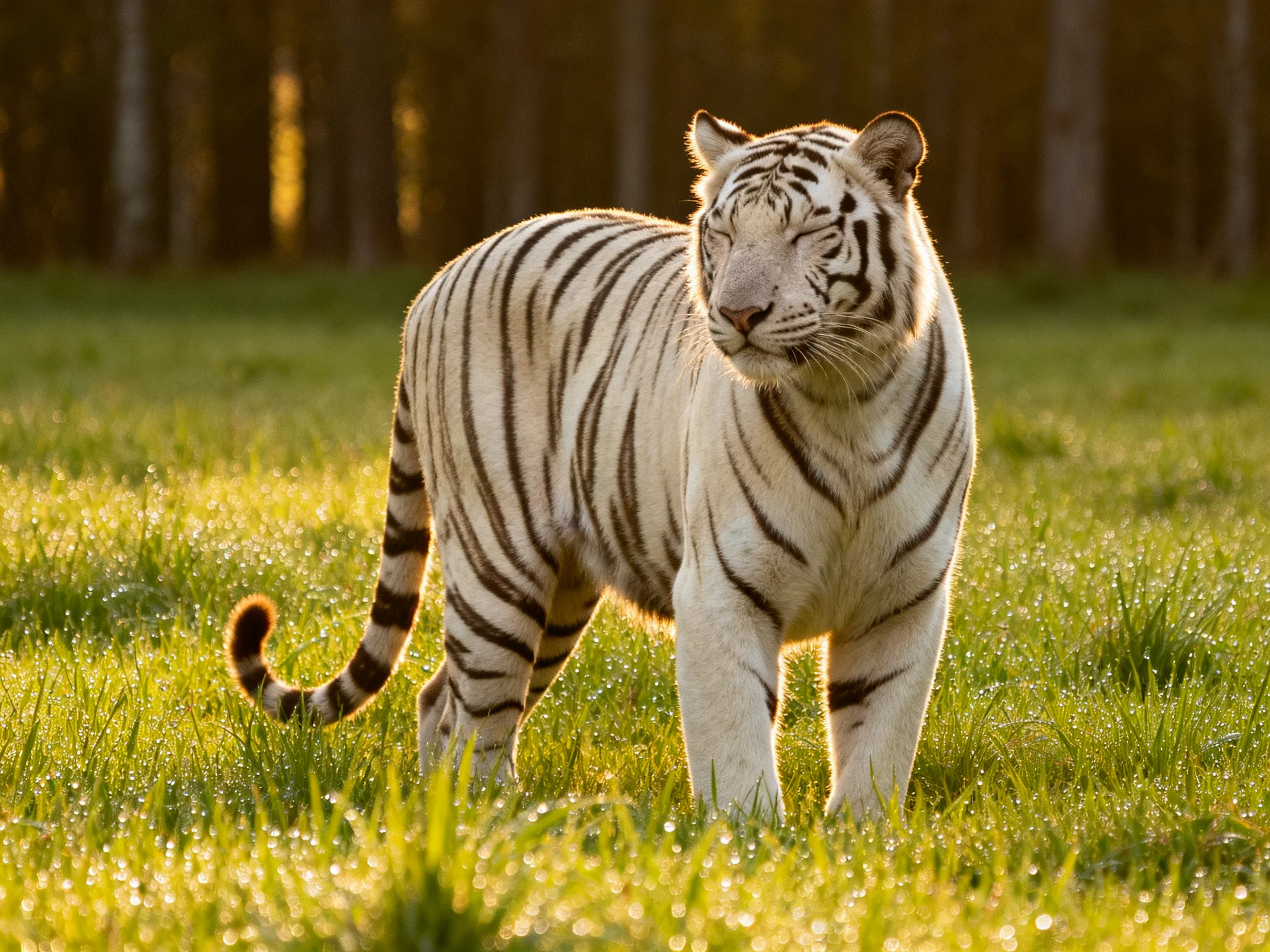 A white tiger stands calmly amid dewy grass with a forest backdrop