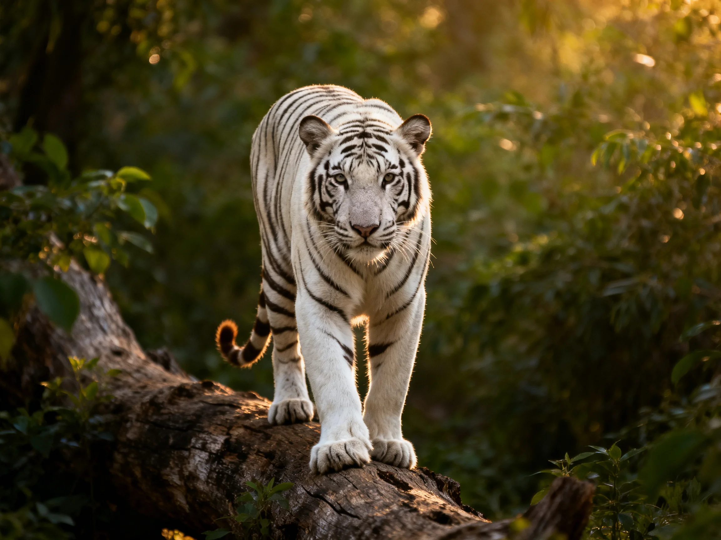 A white tiger confidently walks on a fallen log surrounded by dense vegetation.