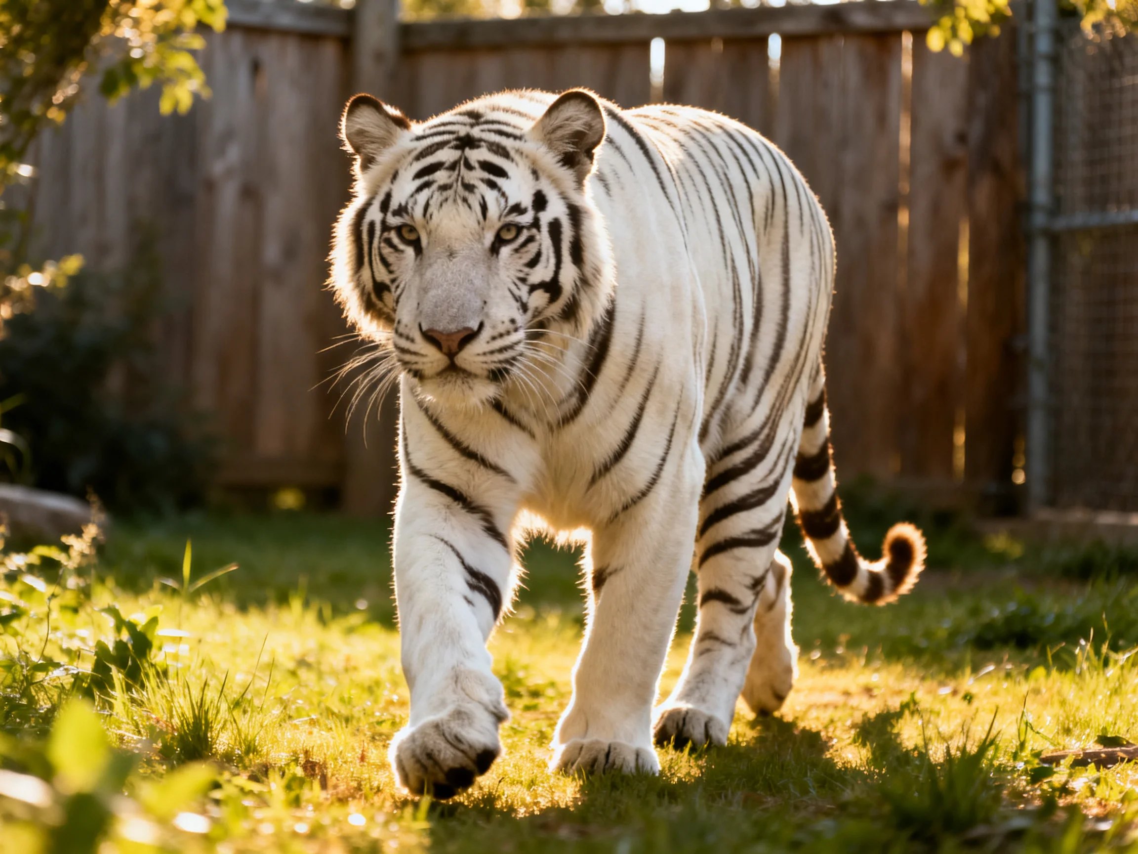 A majestic white tiger with black stripes walks through a sunlit grassy enclosure
