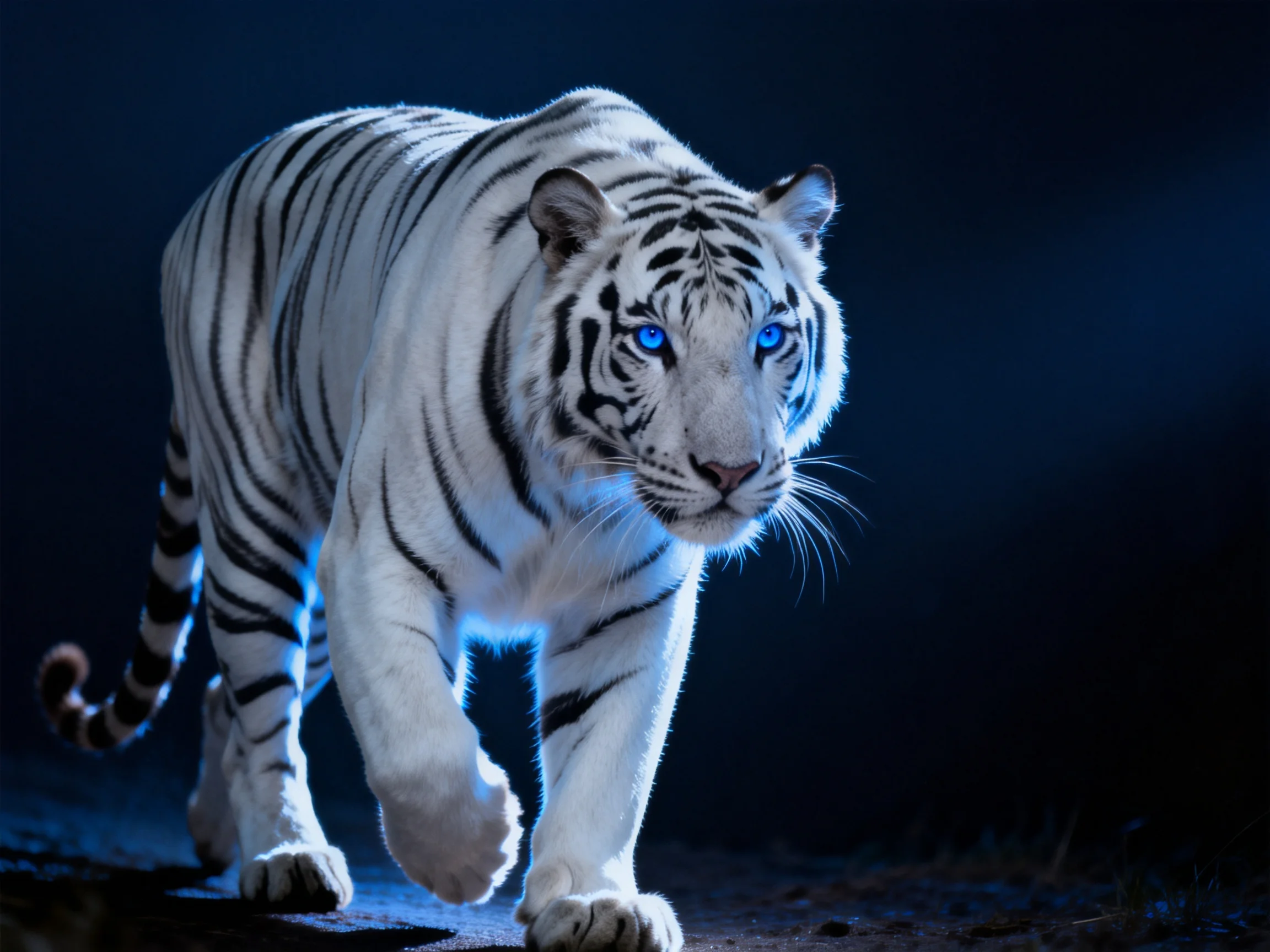 A majestic white tiger with glowing blue eyes in a dark environment