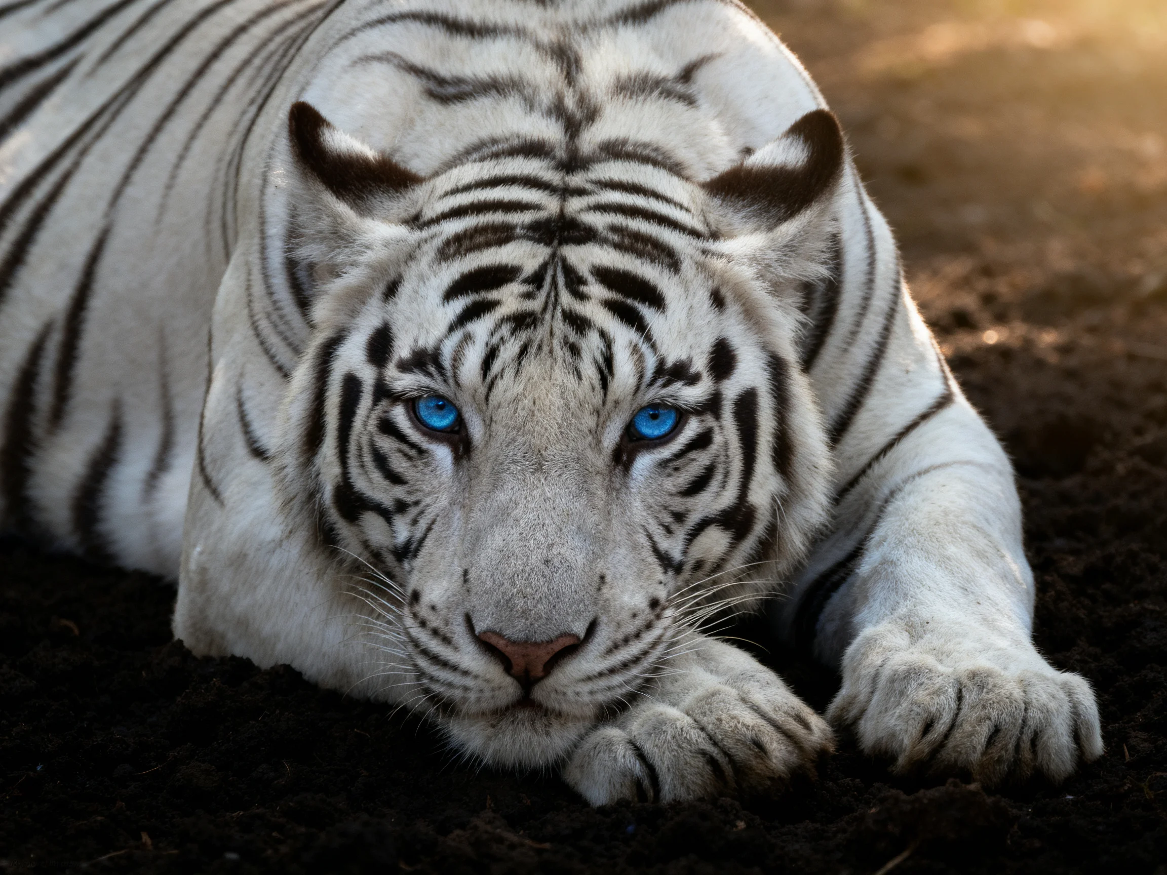 A majestic white tiger with striking blue eyes rests on dark earth