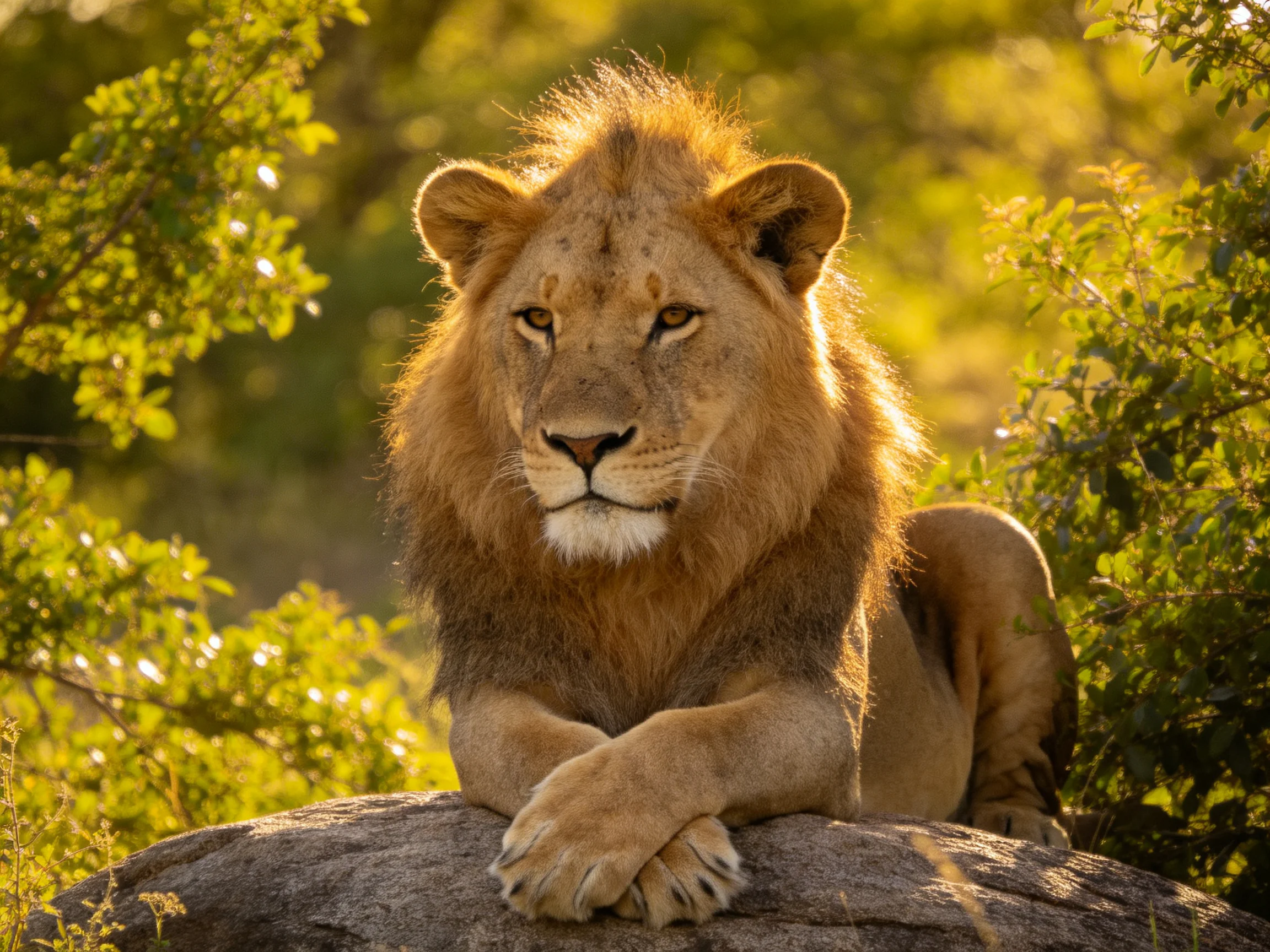 A lion rests on a rock surrounded by dense greenery.