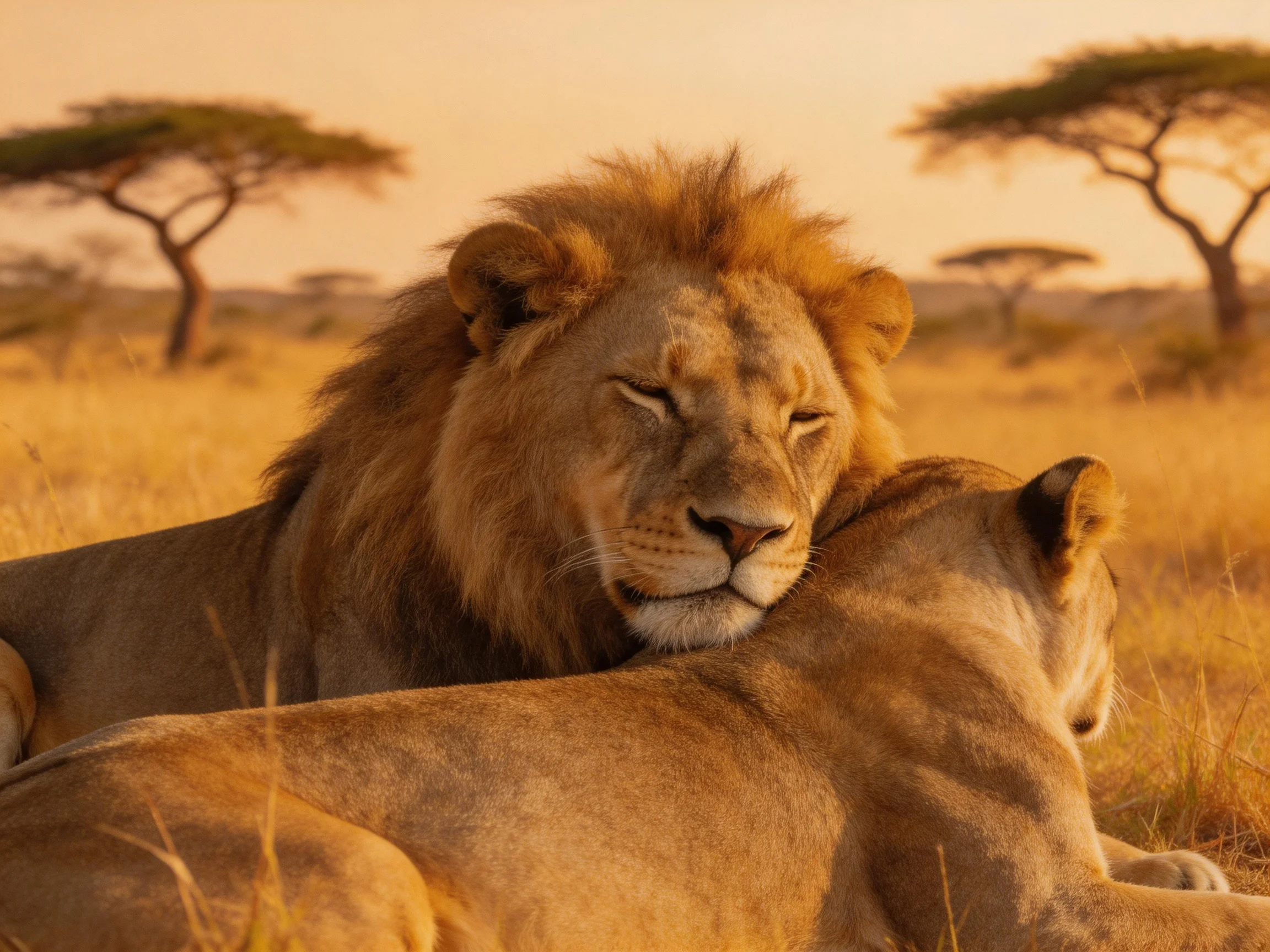 A male lion cuddles a lioness in golden savannah terrain