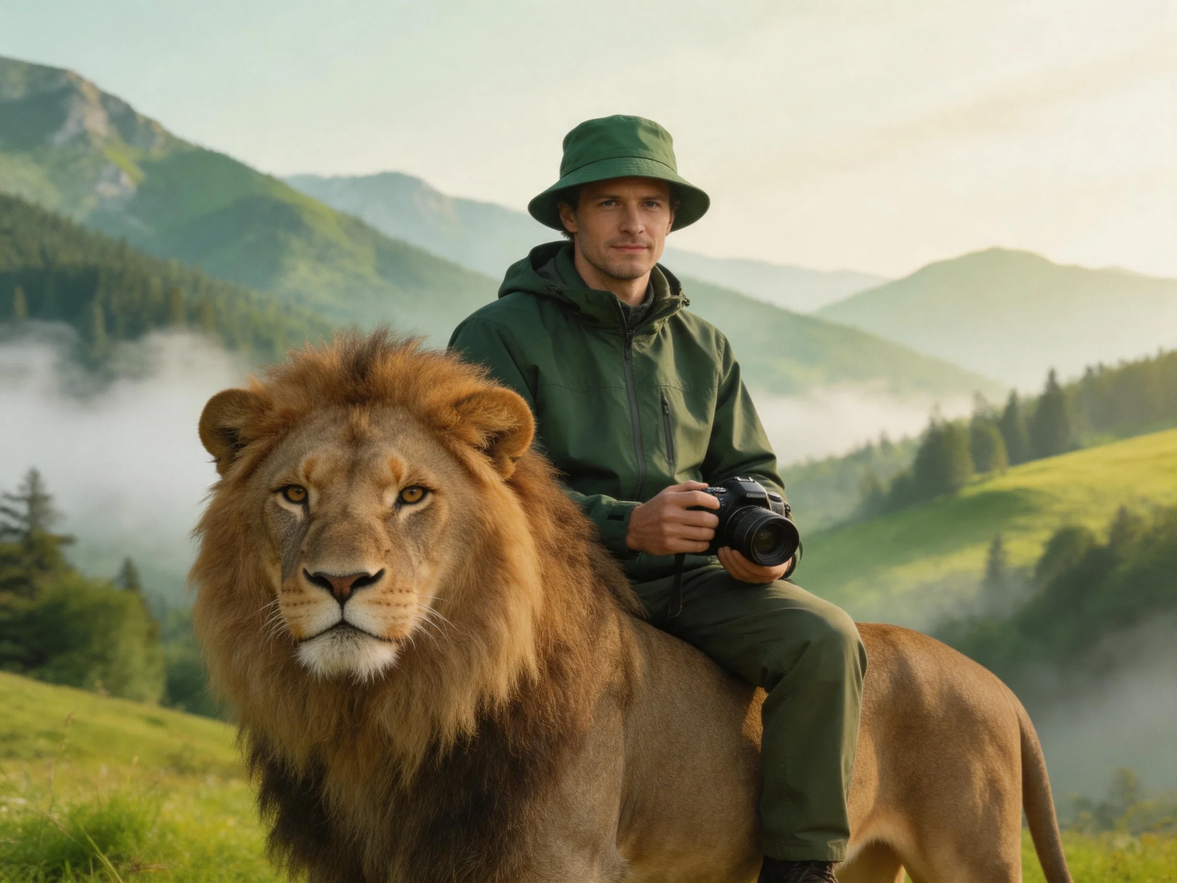 A man in green rides a lion through misty mountain valleys
