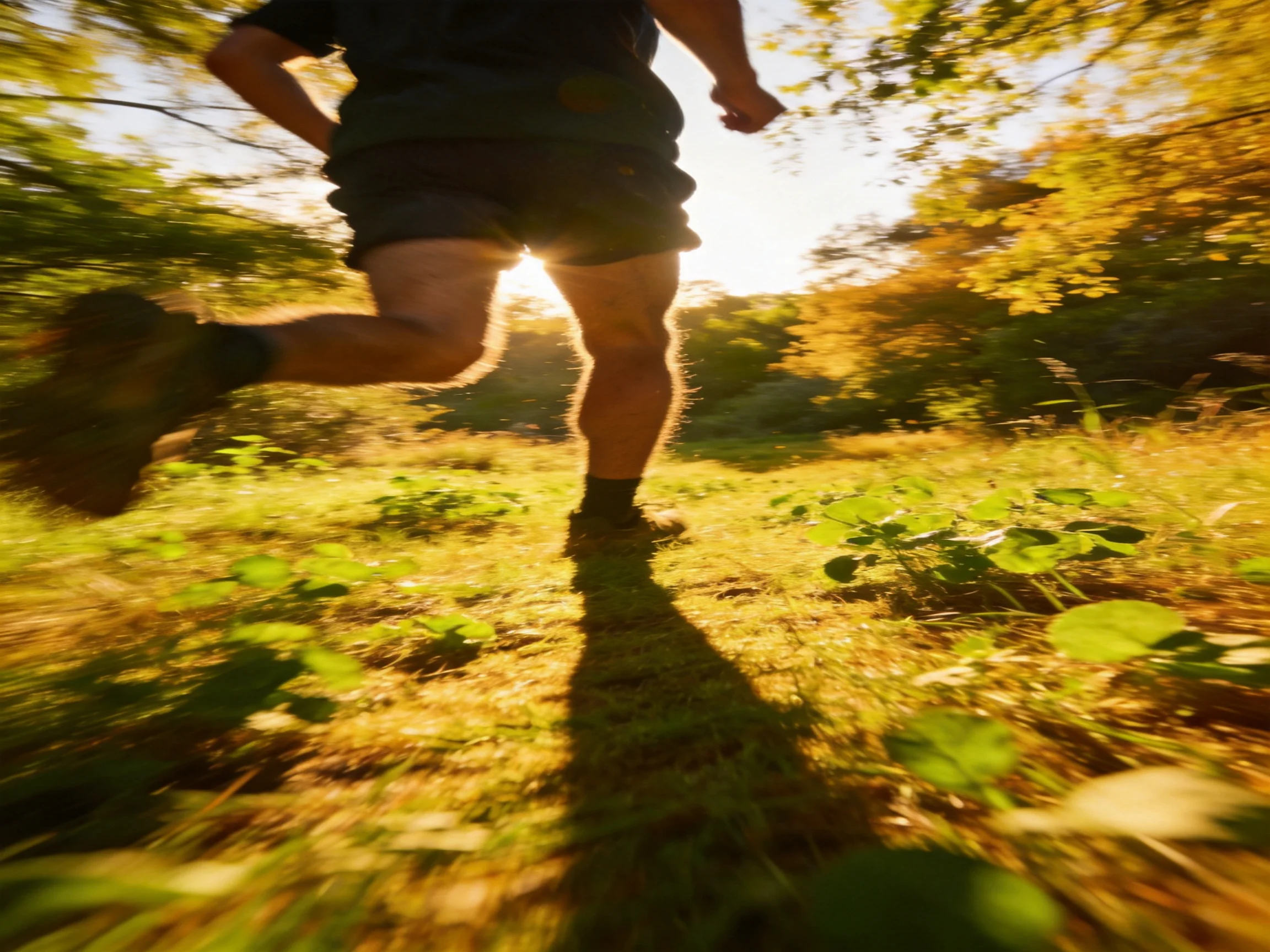 A man runs along a sunlit forest path amid lush vegetation.