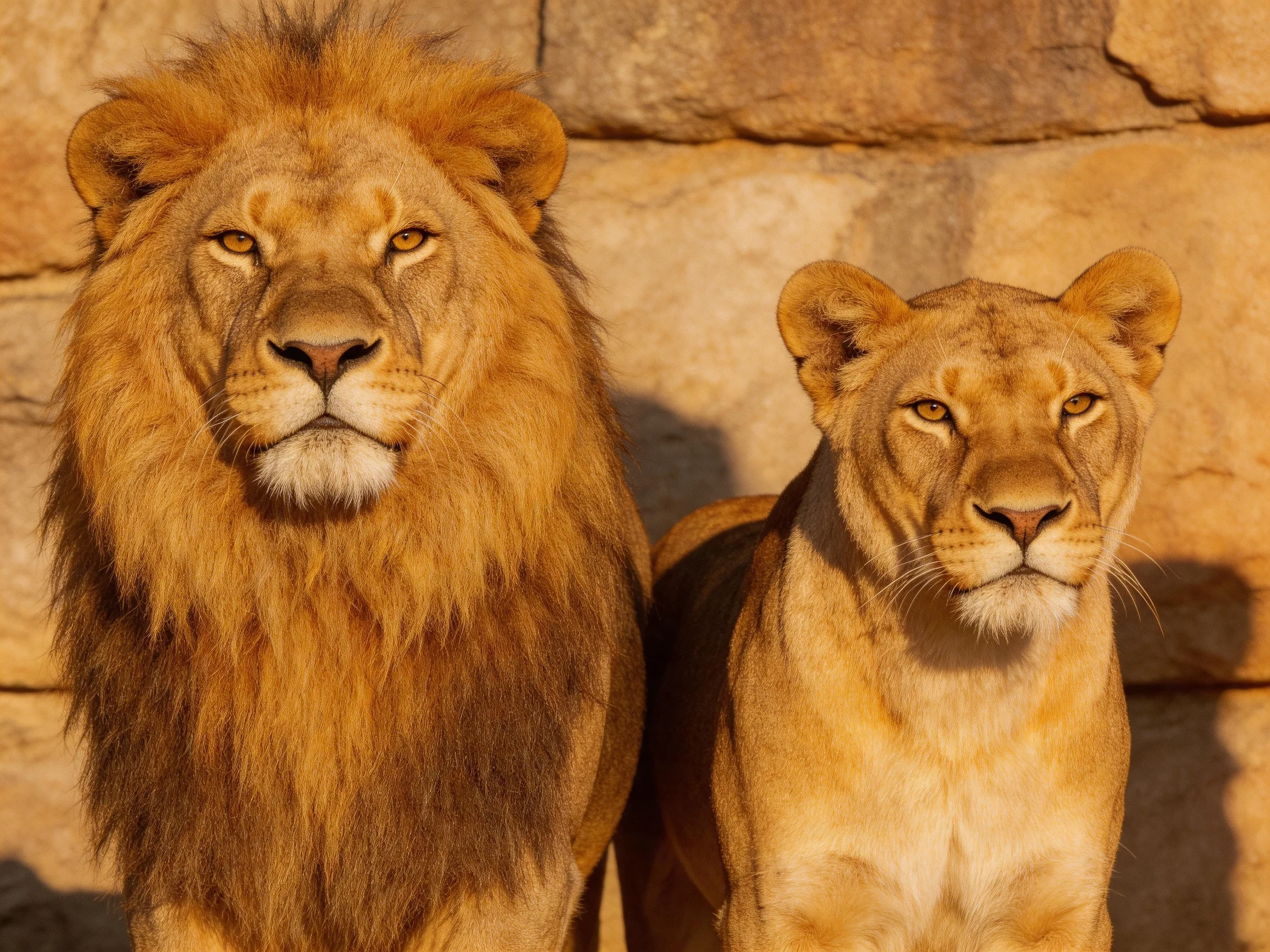 A maned lion and lioness stand before a textured stone wall