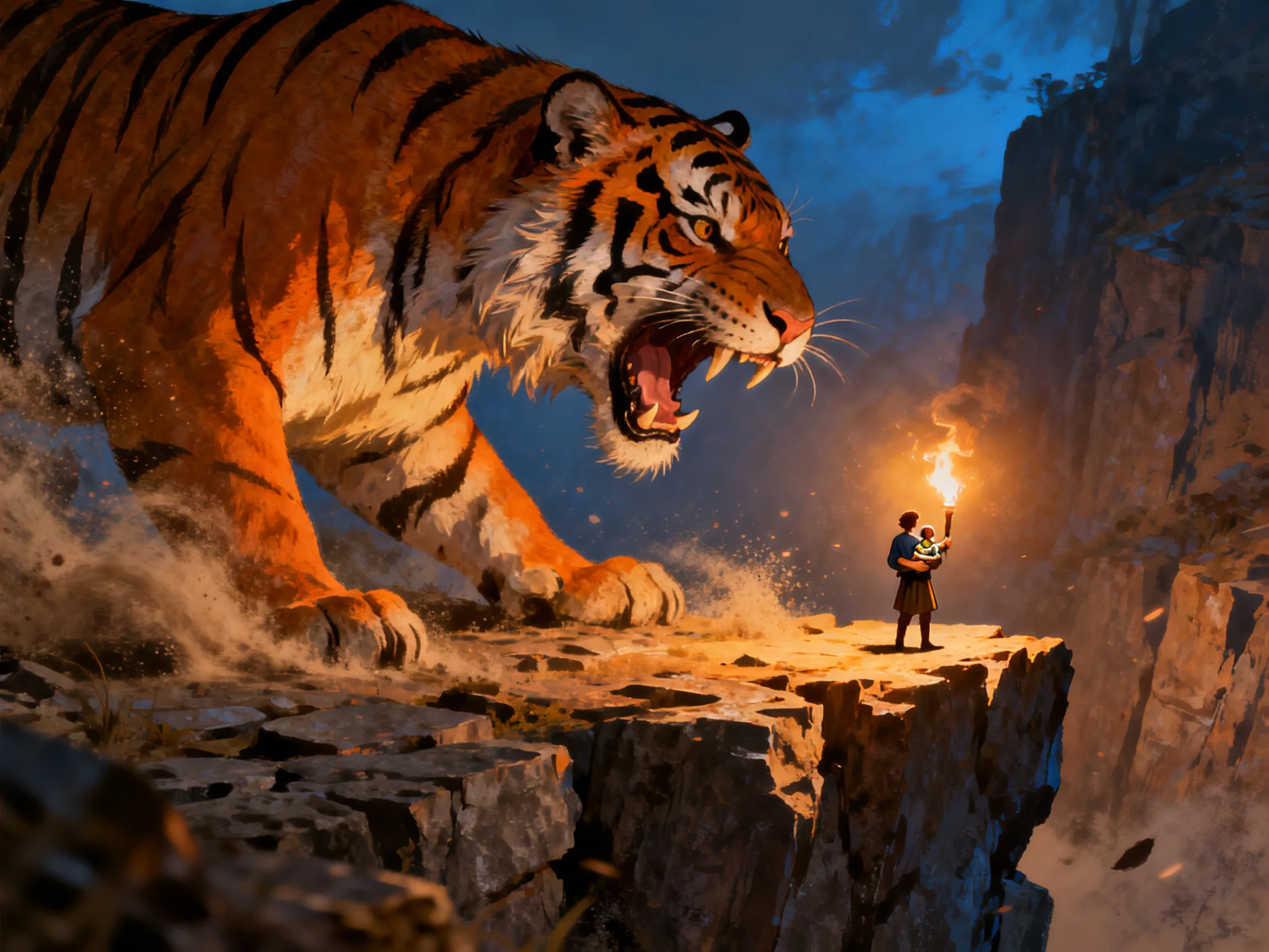 A giant tiger confronts a person with a torch on a rocky cliff edge