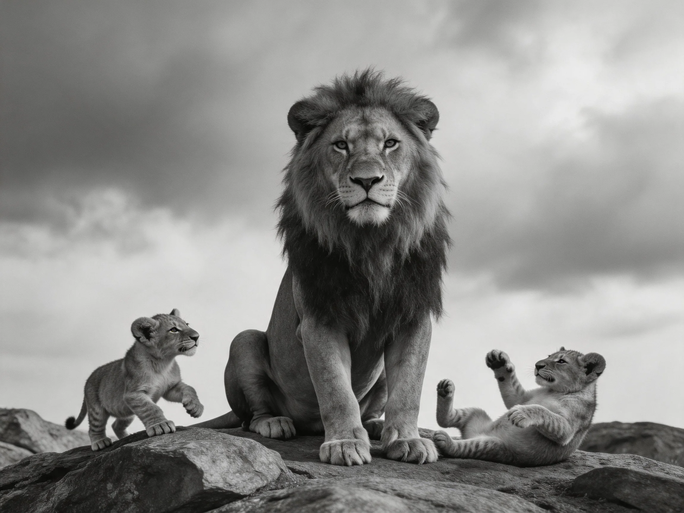 A mature lion sits near two young cubs on rocks beneath a cloudy sky.