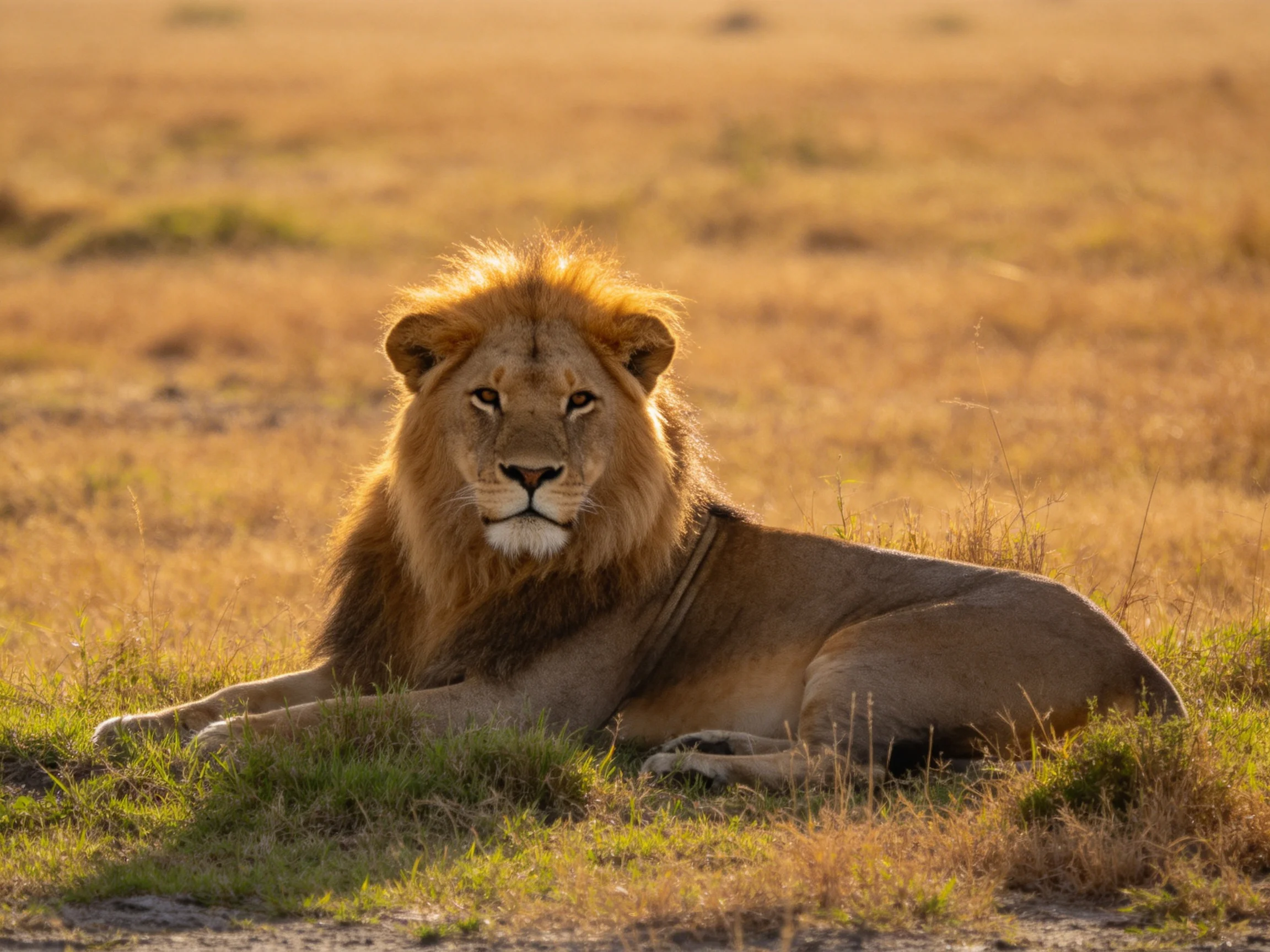 A mature male lion rests in golden savannah terrain