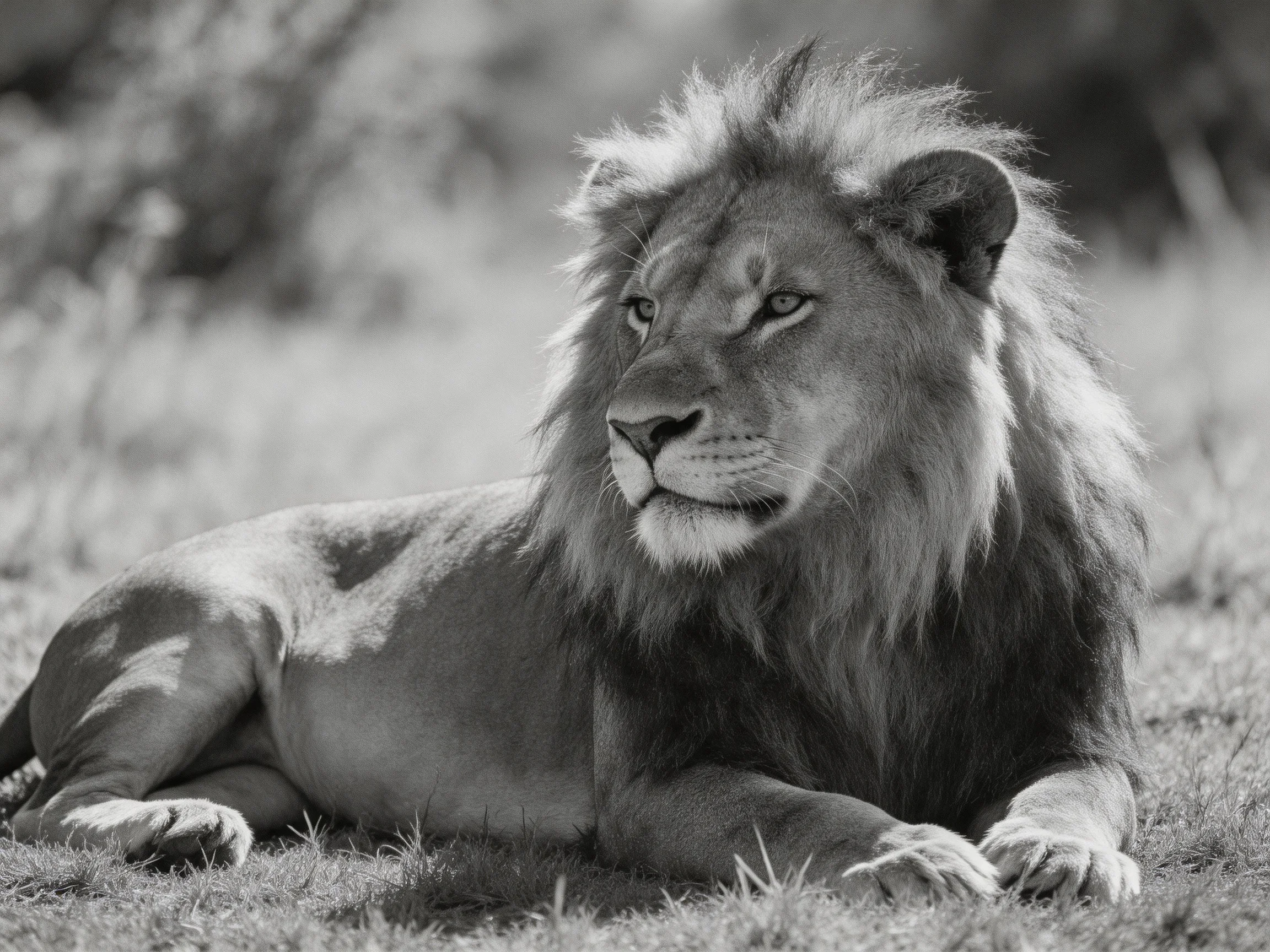 A mature male lion relaxes on grass amid a softly blurred savannah landscape.
