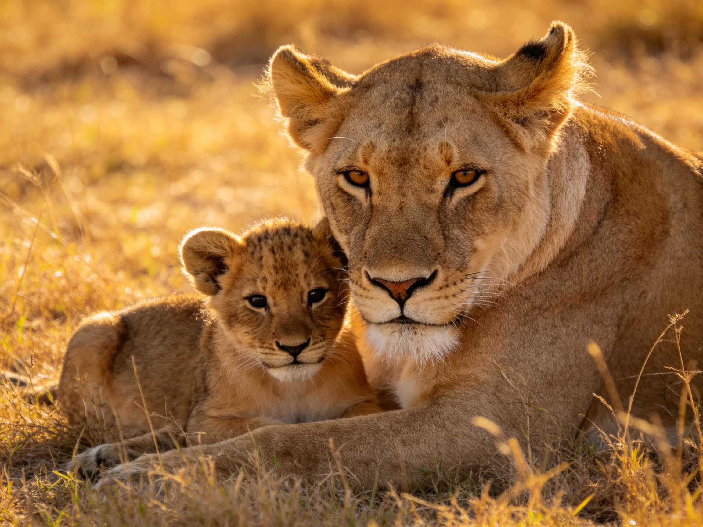 A mother lioness and her cub relax together in the golden savannah.