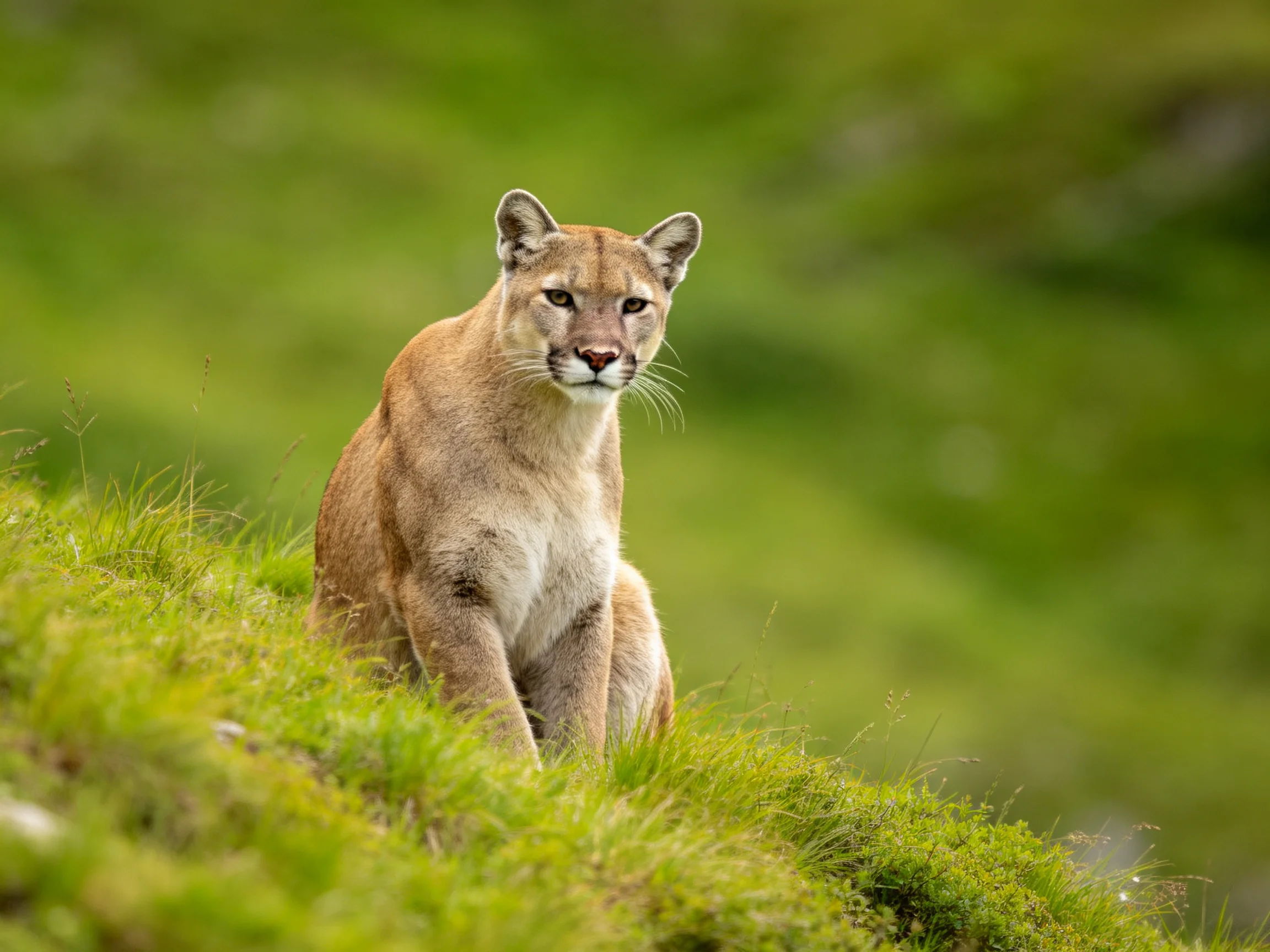 A mountain lion sits alertly on lush green mossy ground