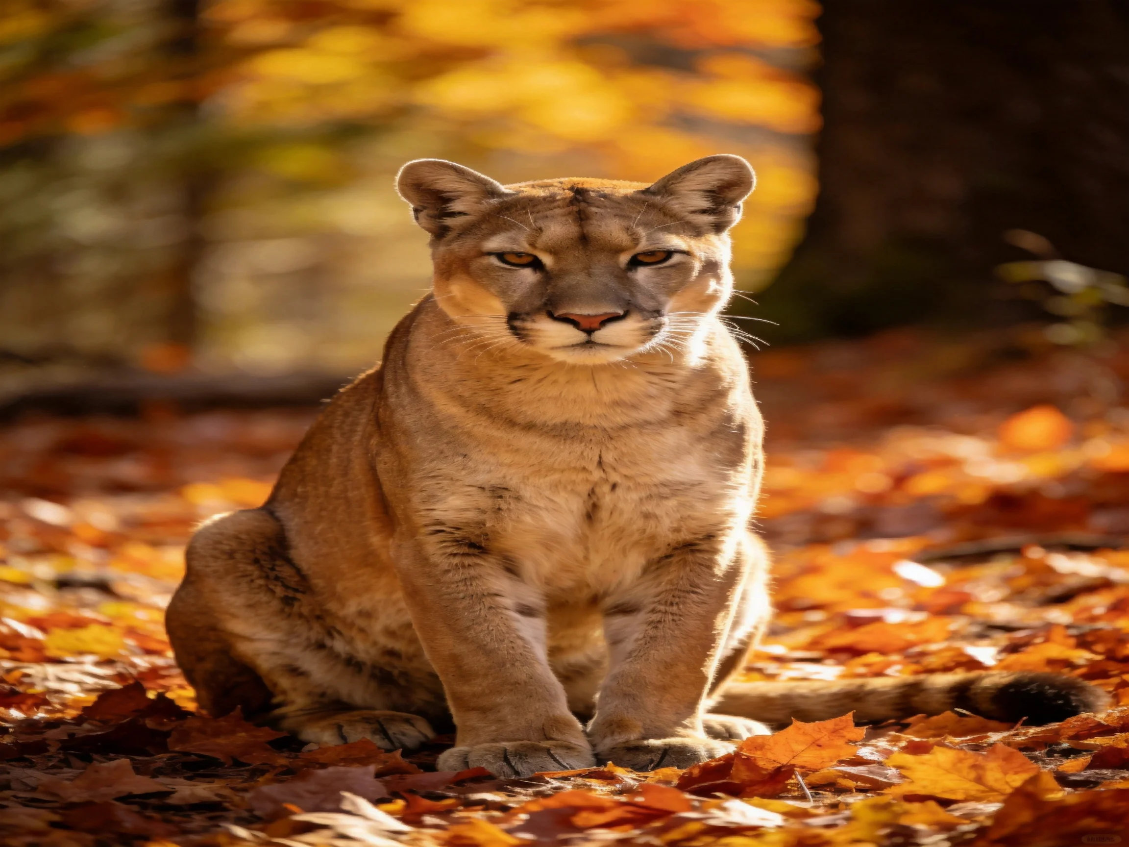 A mountain lion rests among colorful fallen leaves in a sunlit forest.