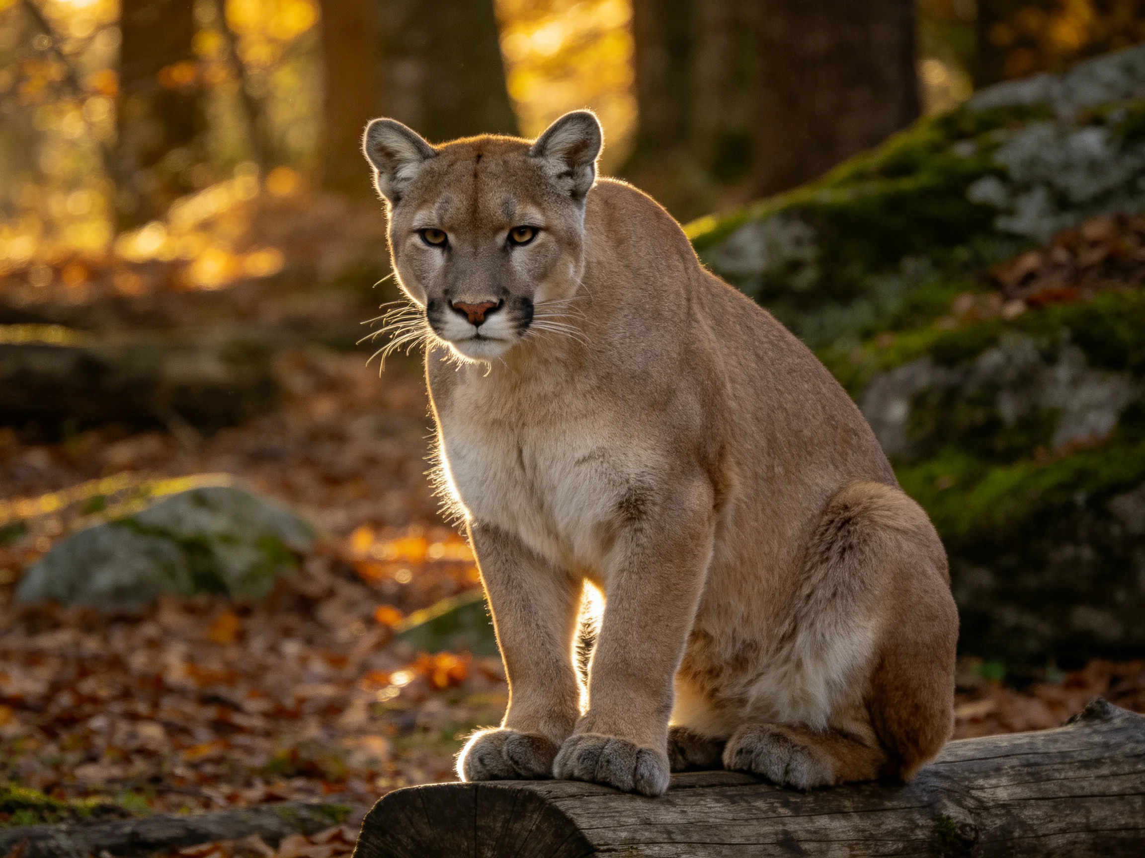 A mountain lion rests on a log in a forest with rocky terrain and golden leaves