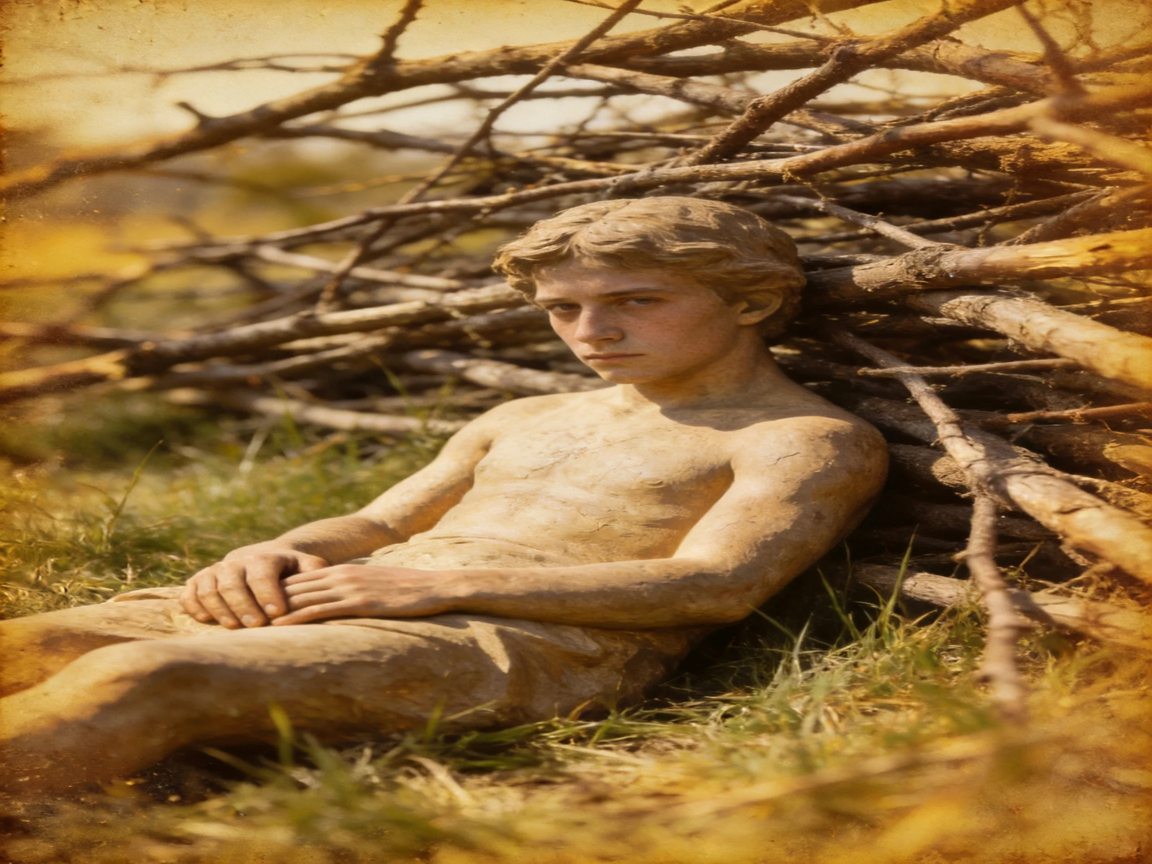 A nude figurine leans against dry branches in a sunlit outdoor setting.