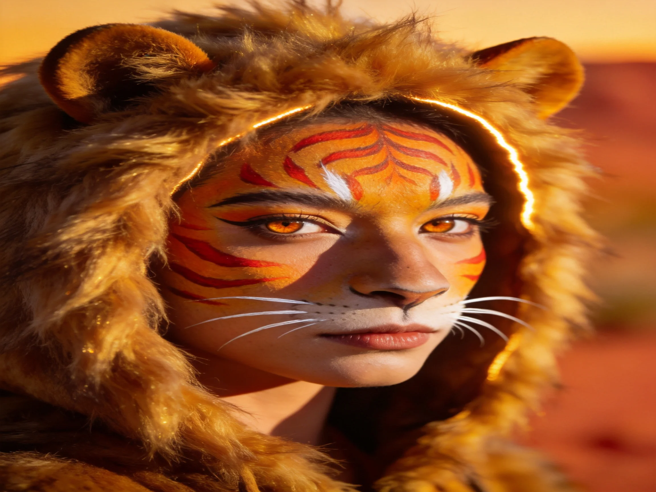 A person in a brown lion costume with orange tiger face paint