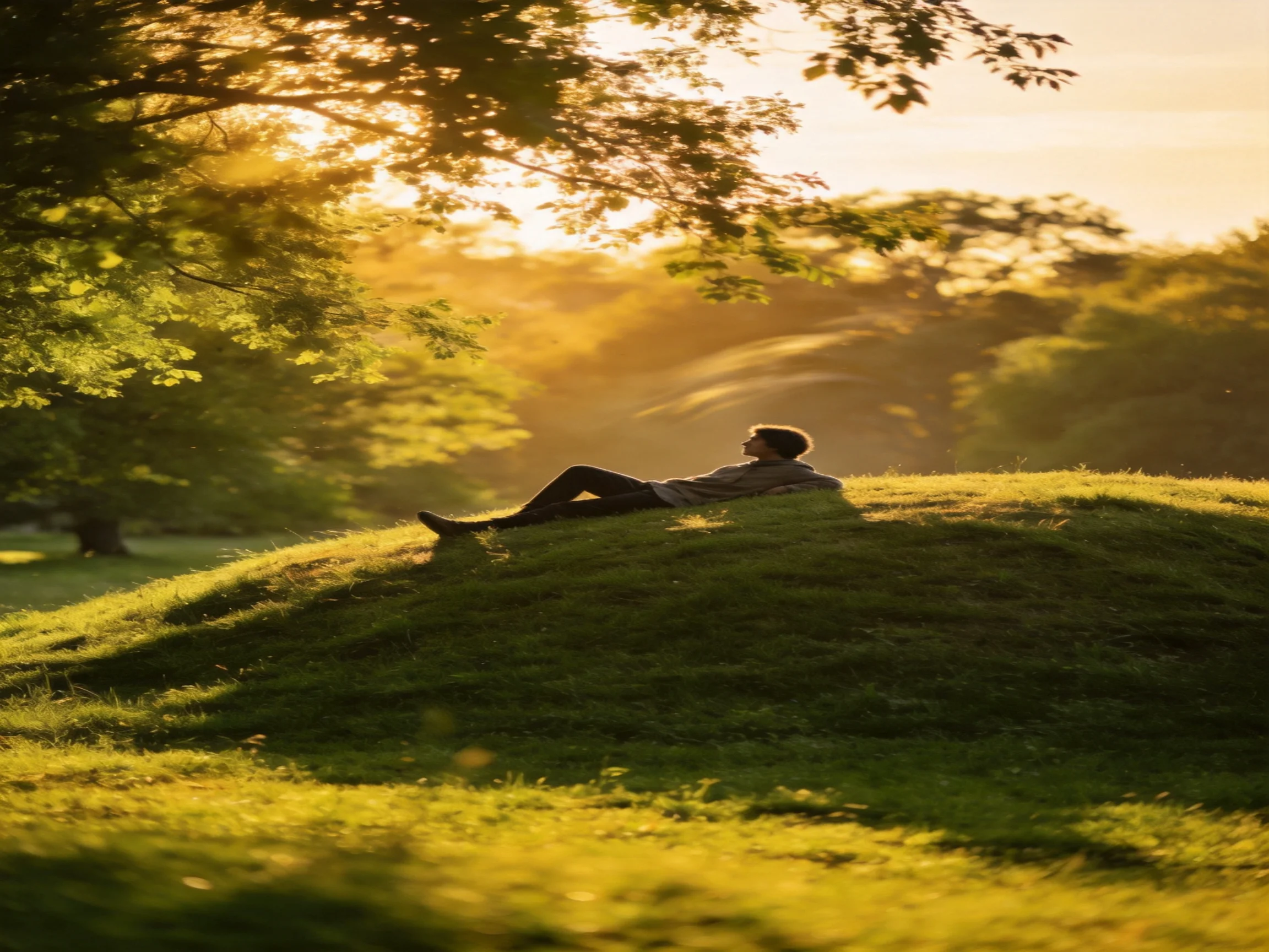 A person relaxes on a grassy hill in a sunlit natural setting.