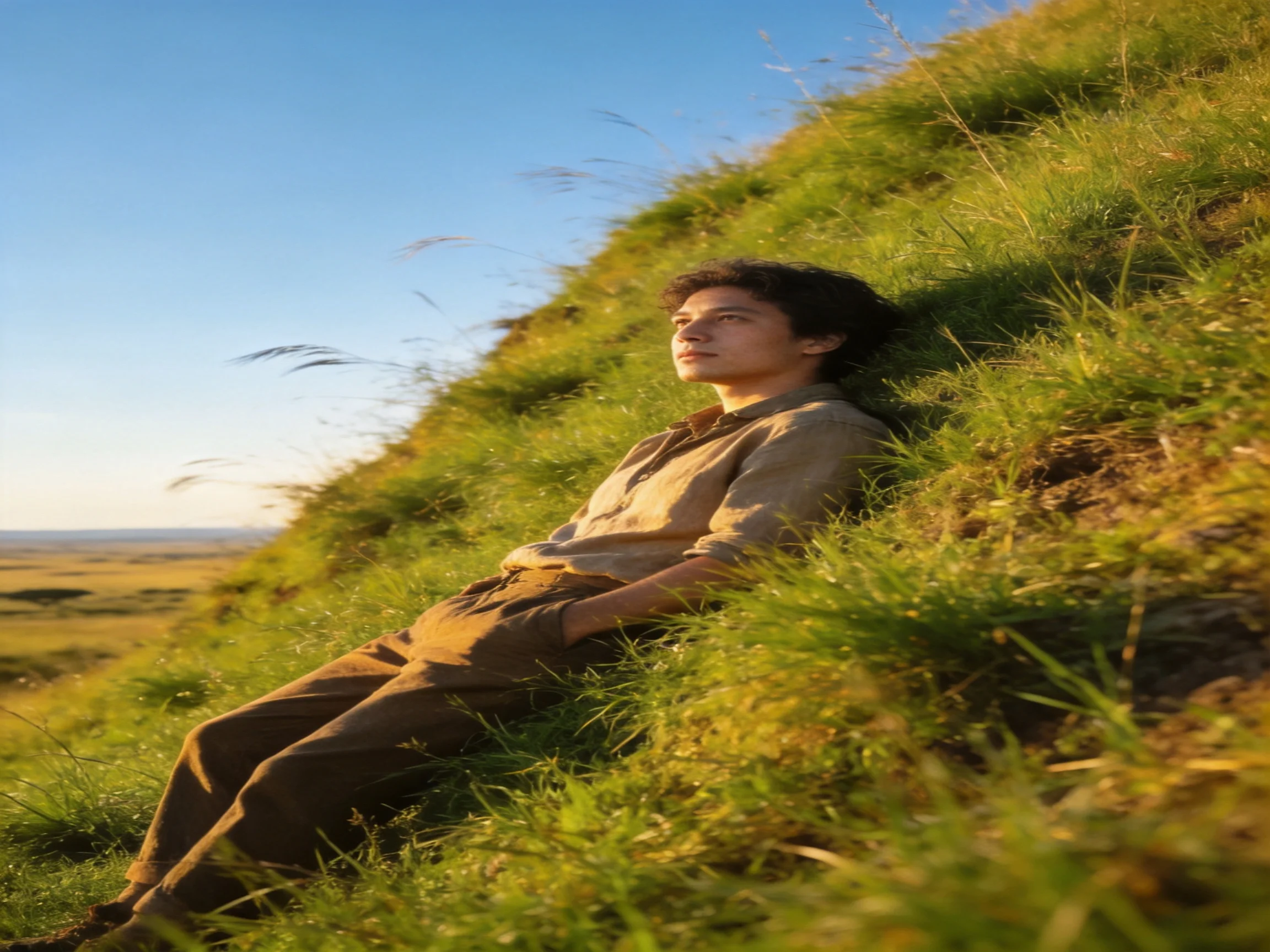 A person relaxes on a grassy hill in a sunny open landscape.