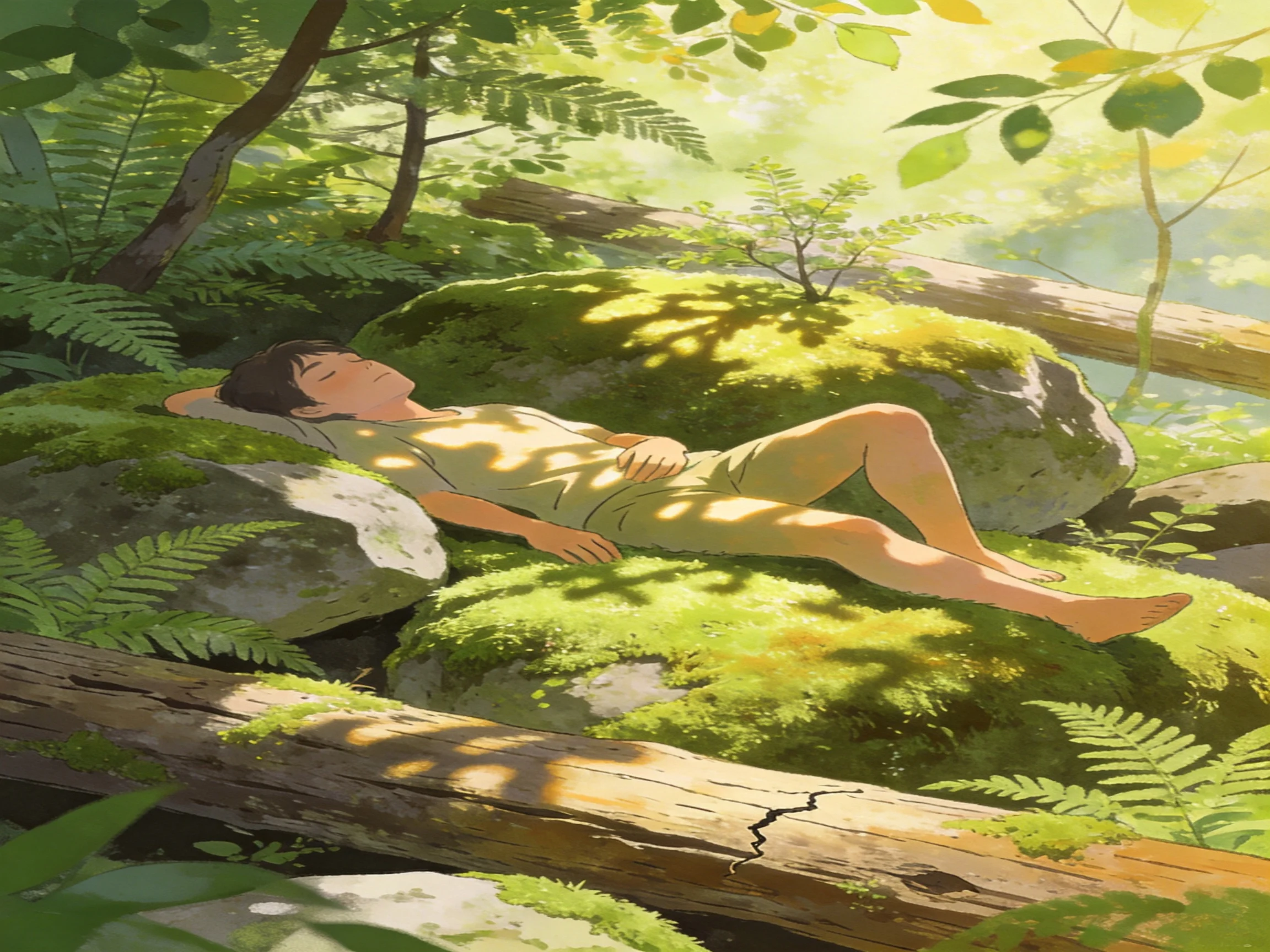 A person relaxes on mossy rocks in a sunlit forest setting.