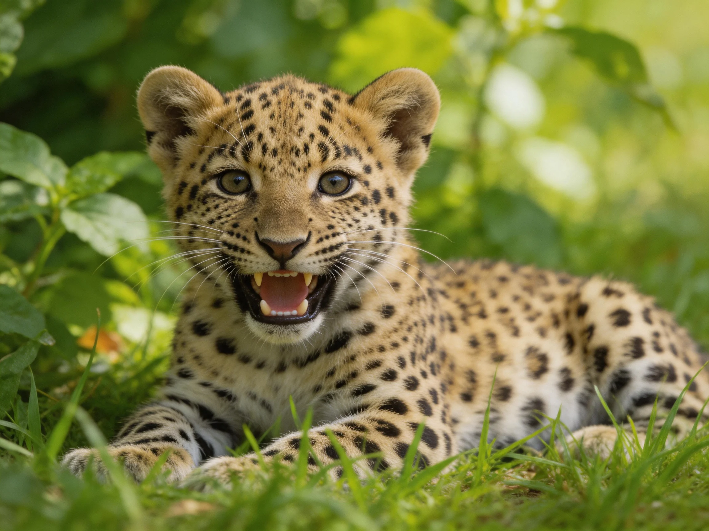 A young leopard cub relaxes in a sunlit area surrounded by greenery.