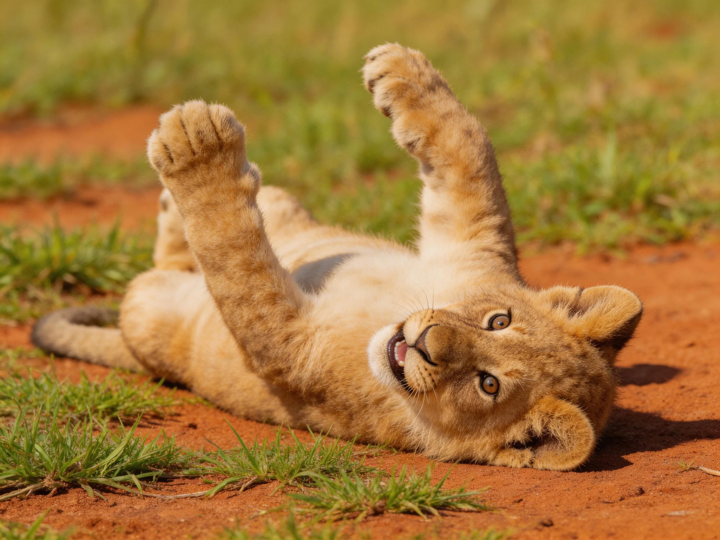 A playful lion cub rolling on reddish earth near green grass