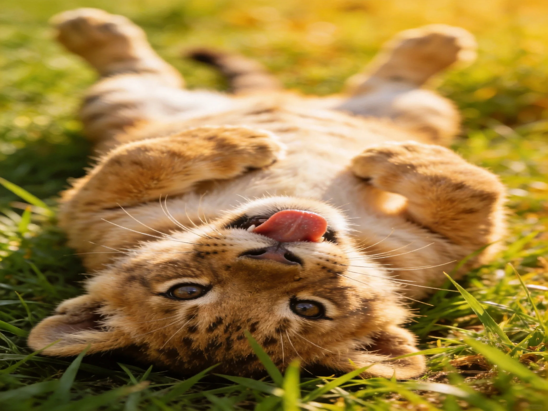 A playful lion cub rolls on sun-drenched green grass with tongue out
