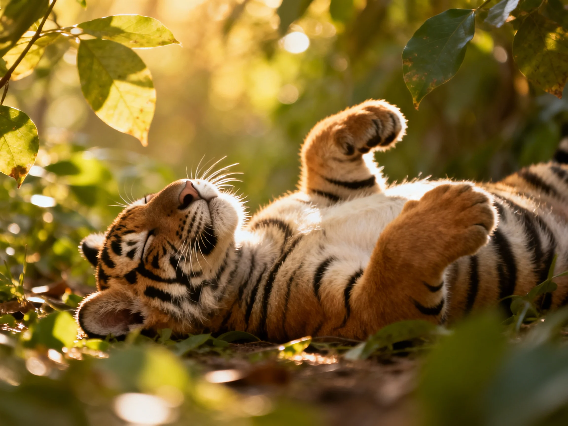 A playful tiger cub lies on its back amid lush green foliage