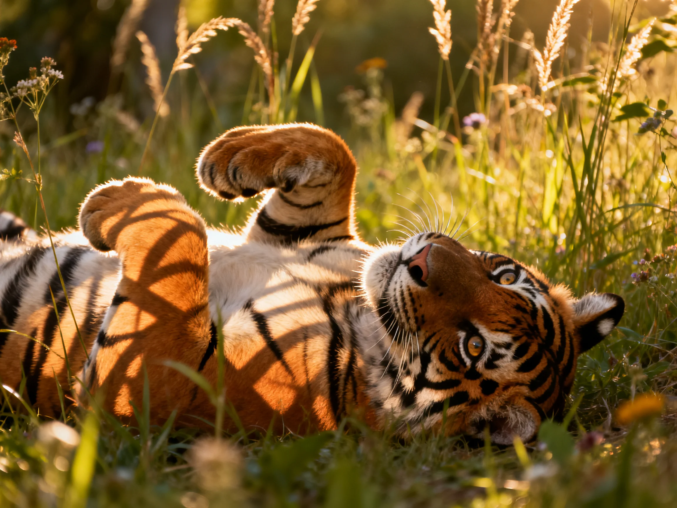 A tiger cub plays in sunlit grass.