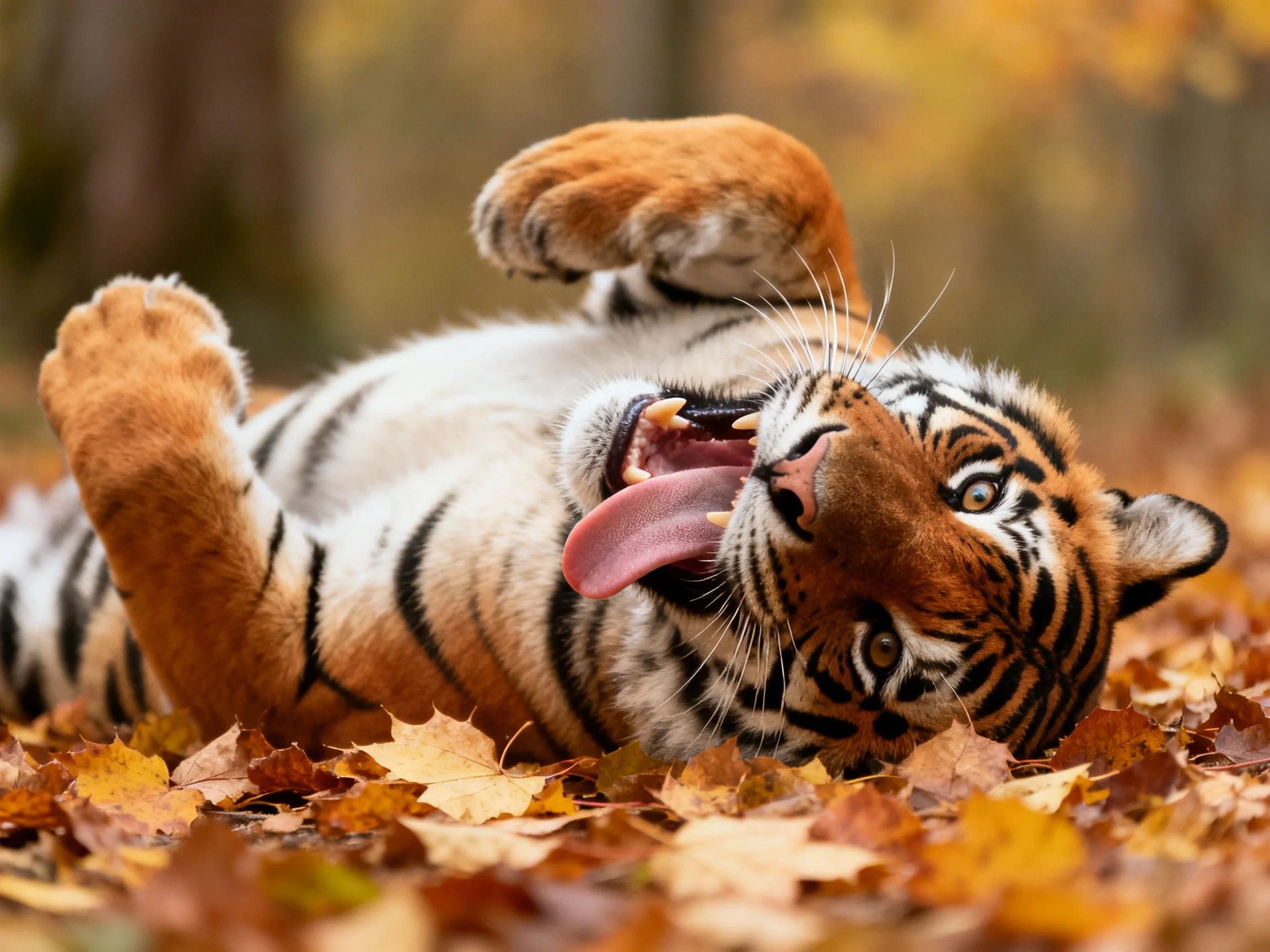 A playful tiger cub rolls in golden autumn leaves among trees