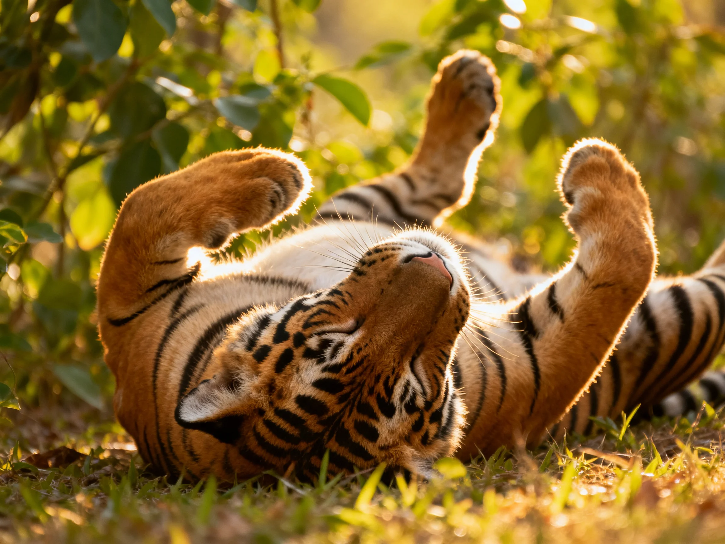 A playful tiger cub rolls in golden sunlight among lush green foliage