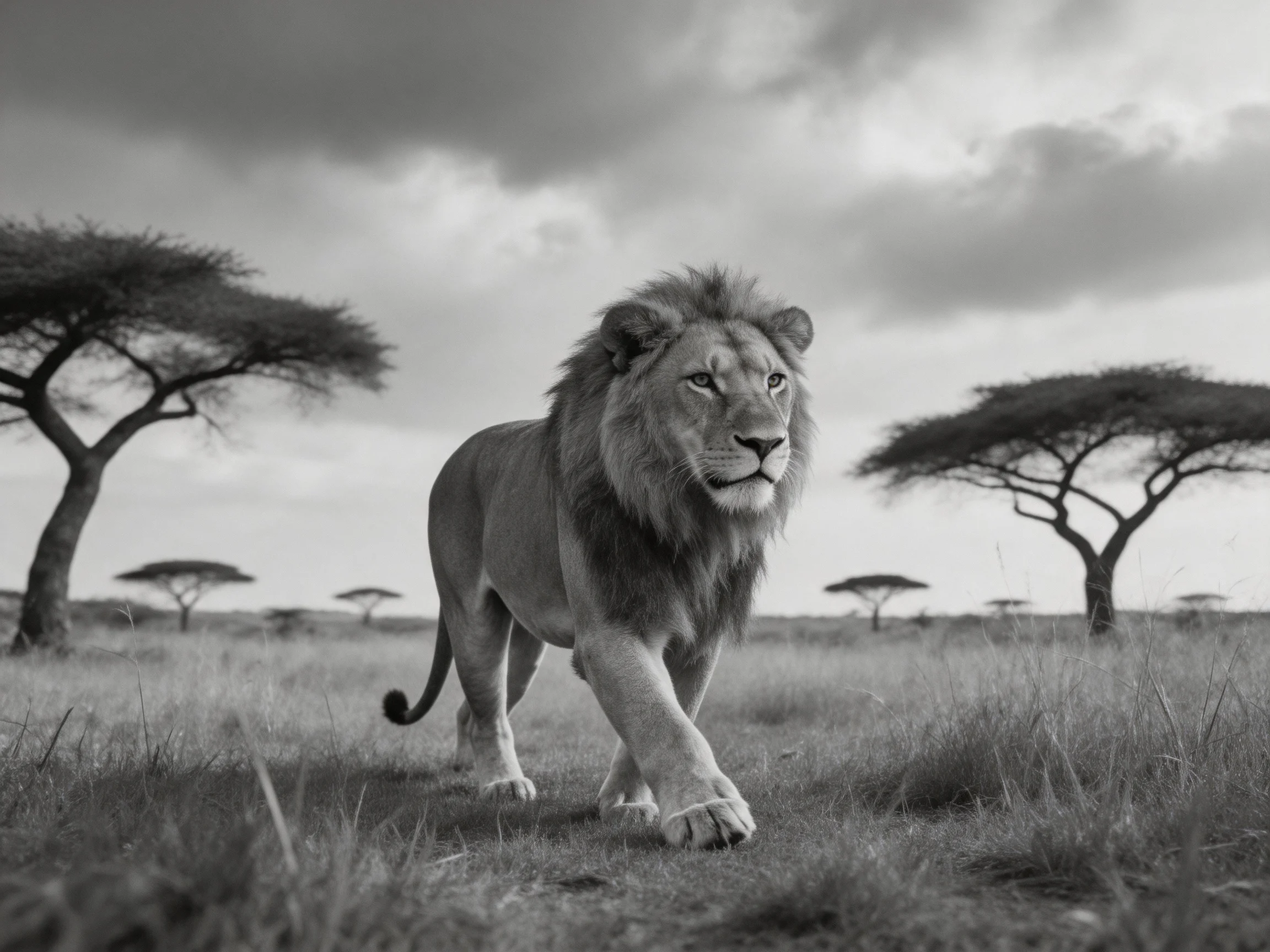 A lion roams a savannah dotted with acacia trees.