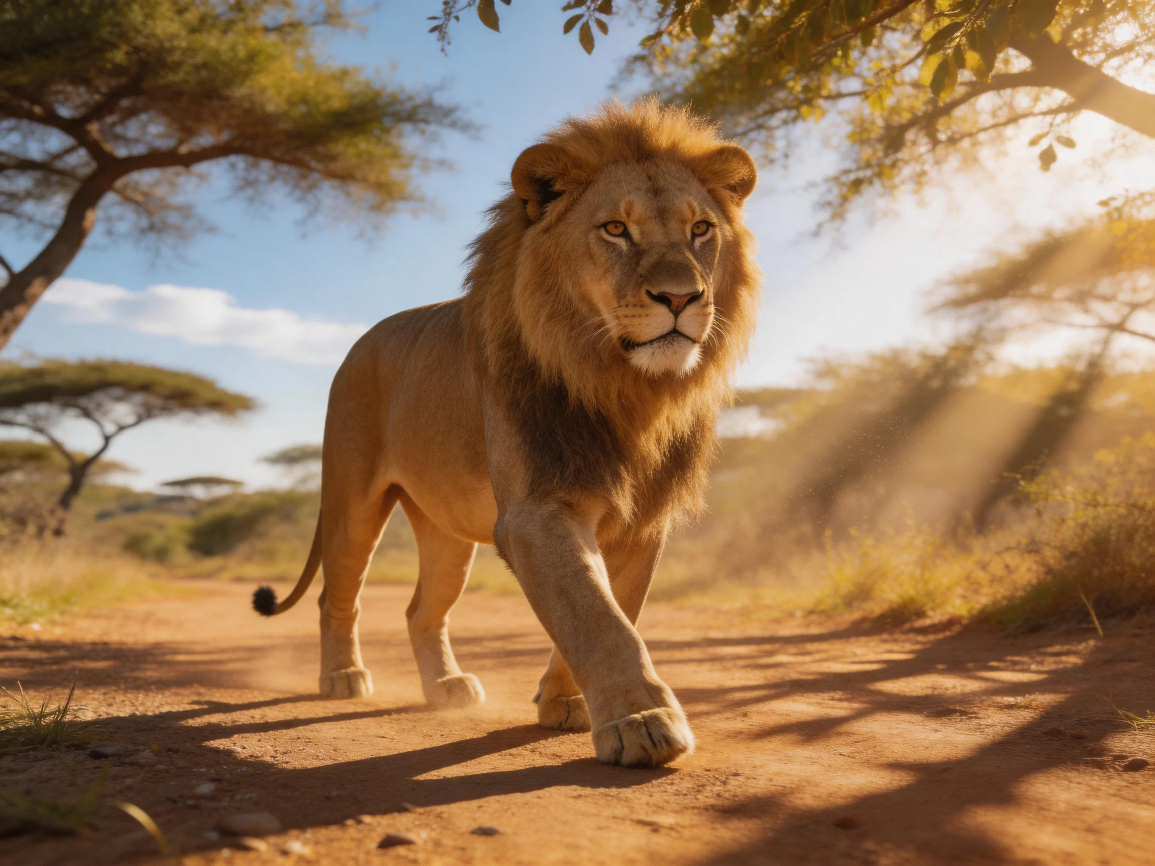 A powerful lion walks confidently on a sunlit savannah path.