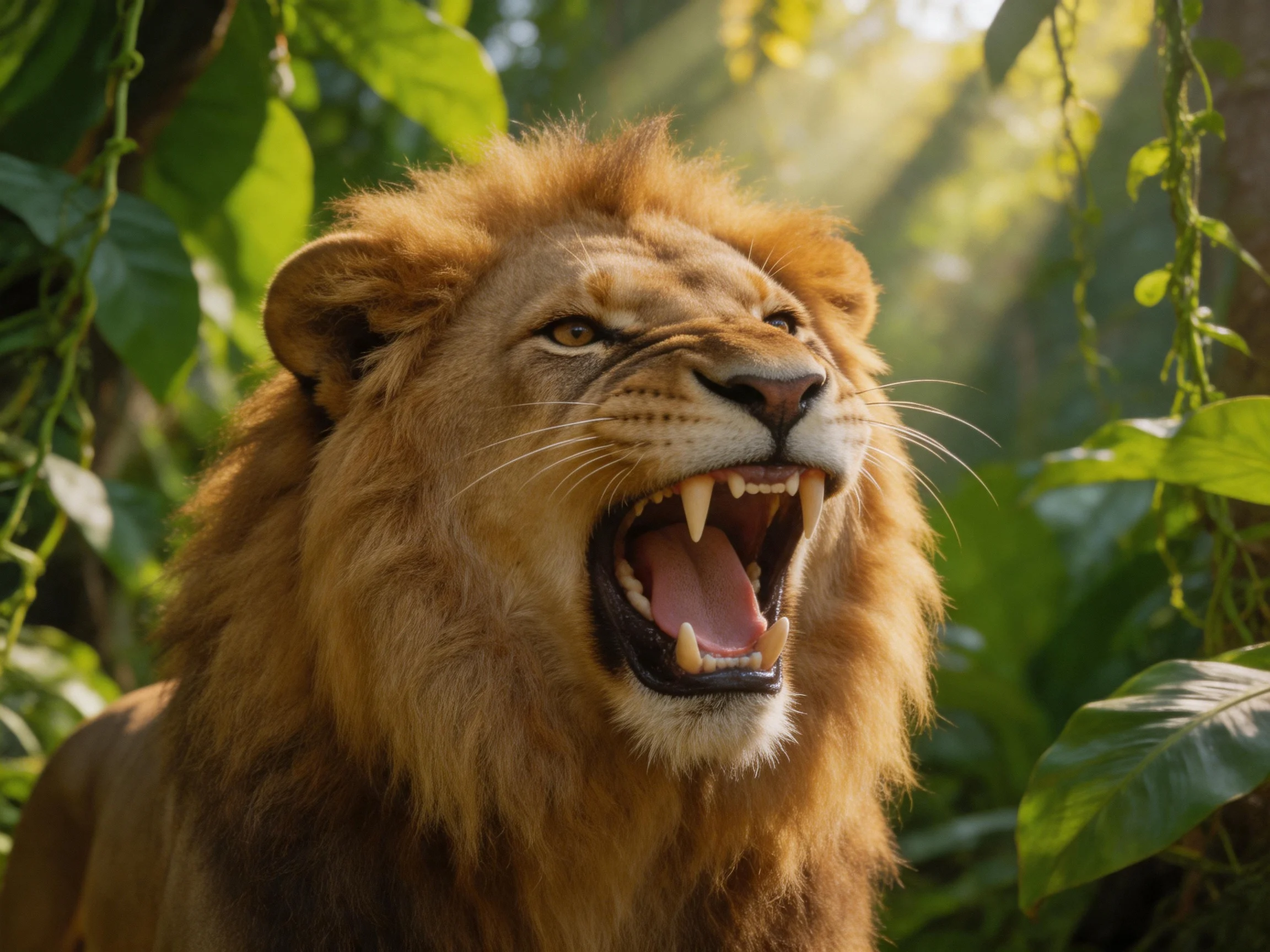 A lion roars fiercely in a verdant jungle setting.